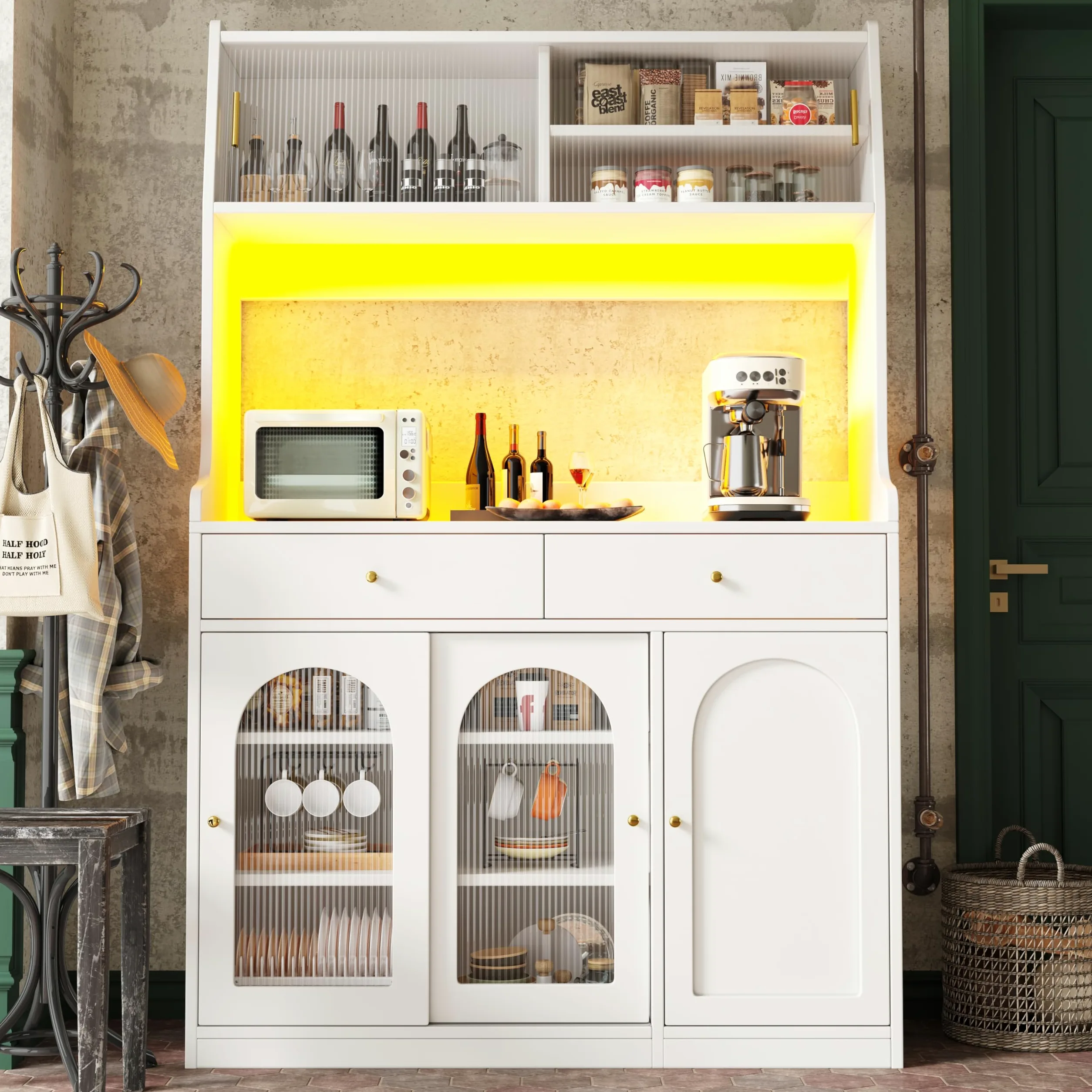 Armadio alto a buffet con ripiani regolabili, armadio da cucina con 2 cassetti, credenza con illuminazione a LED, colori luce variabili, 120 x 40 x 180 cm (bianco)