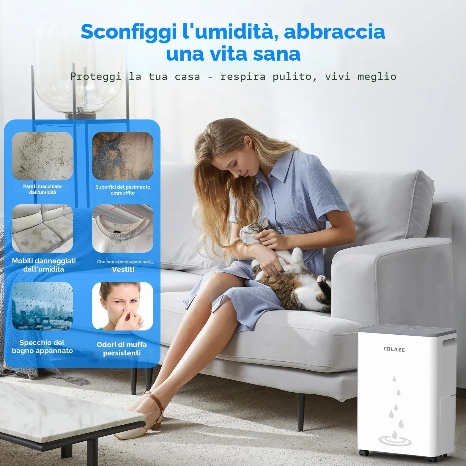 COLAZE Deumidificatore Casa Muffa 20L/24h, Adatto fino a 50㎡, Deumidificatore a Compressore Portatile Silenzioso, Timer 24 ore, Ideale per umidità e condensa