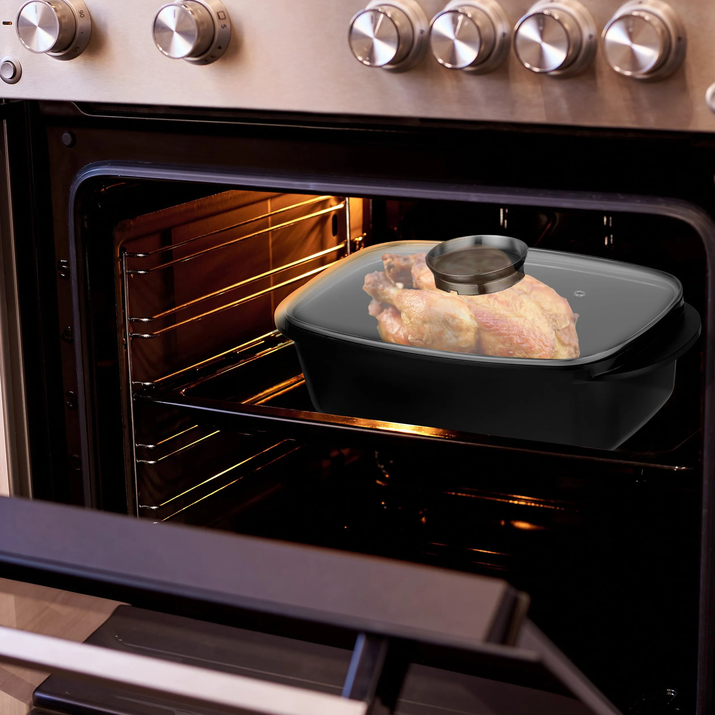 Relaxdays Pirofila da Forno con Coperchio, Teglia 5 L, Pomello per Aromatizzazione Piano Cottura Elettrico e Gas, Nero
