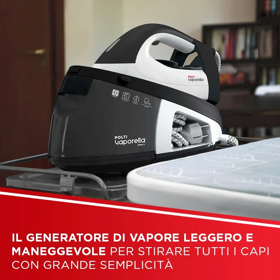Polti Vaporella Simply VS20.20, Ferro da Stiro Generatore di Vapore, Serbatoio Estraibile 1,5 L, Pressione Pompa 6,5 Bar, Potenza 2200 W, Funzione ECO, Bianco e Nero