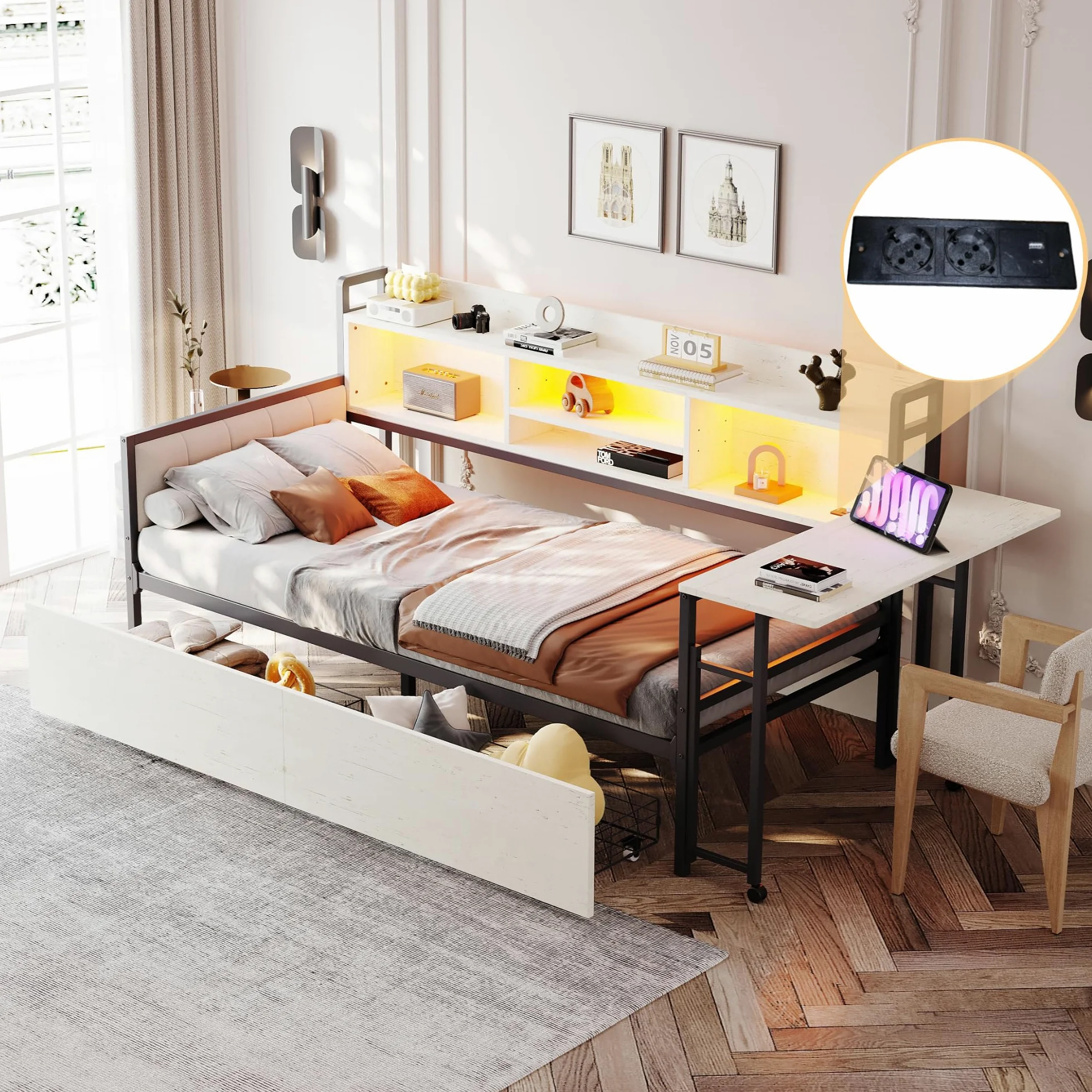 Lcoho Divano letto in ferro 90 x 200 cm, con illuminazione a LED e spazio di archiviazione, con cassetti e presa multifunzionale, scrivania pieghevole, schienale morbido, letto singolo (bianco)