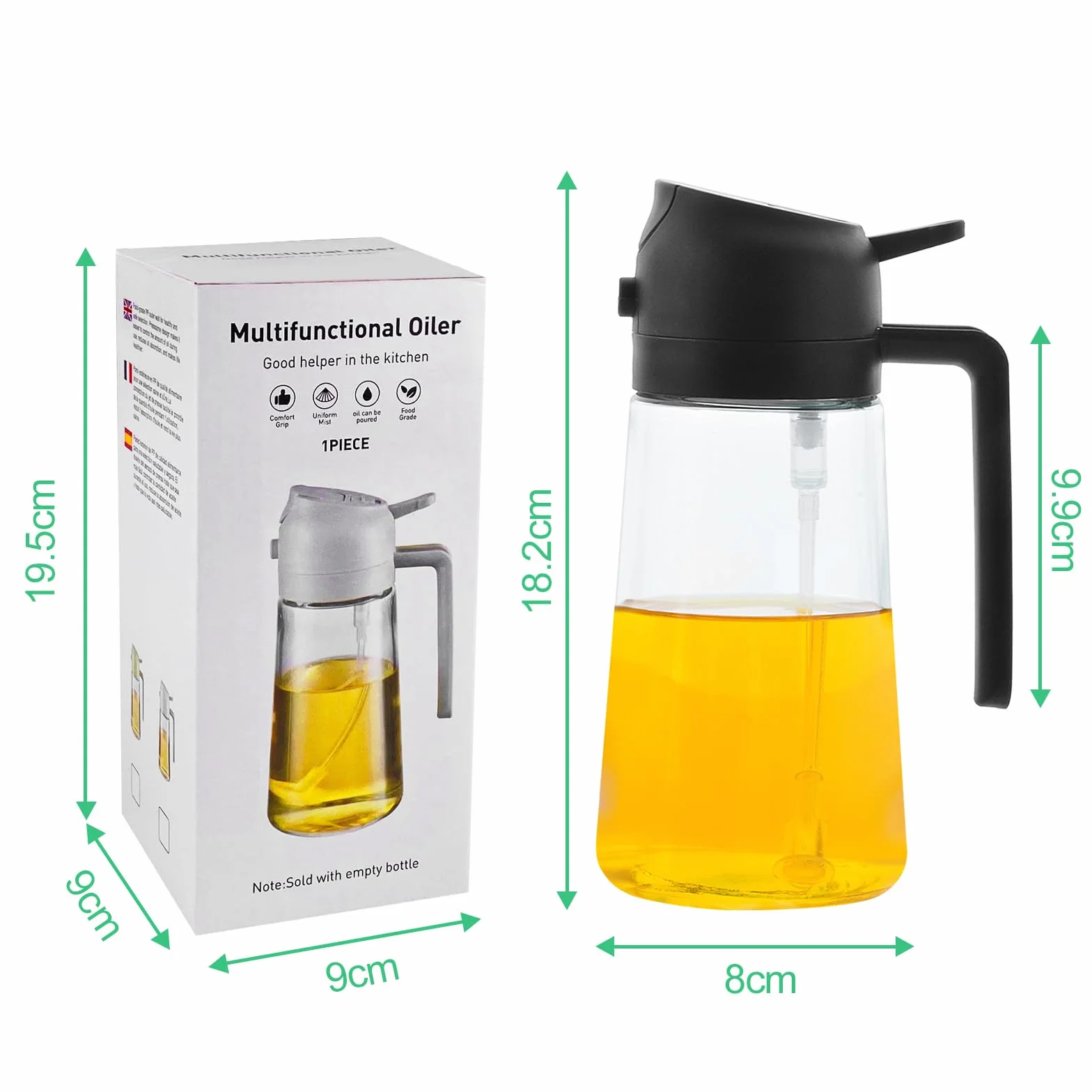Spruzzino Olio Per Friggitrice Aria, 2 in 1 Spruzzatore Olio 470ml, Dosatore Olio Cucina, Nebulizzatore Olio Cucina