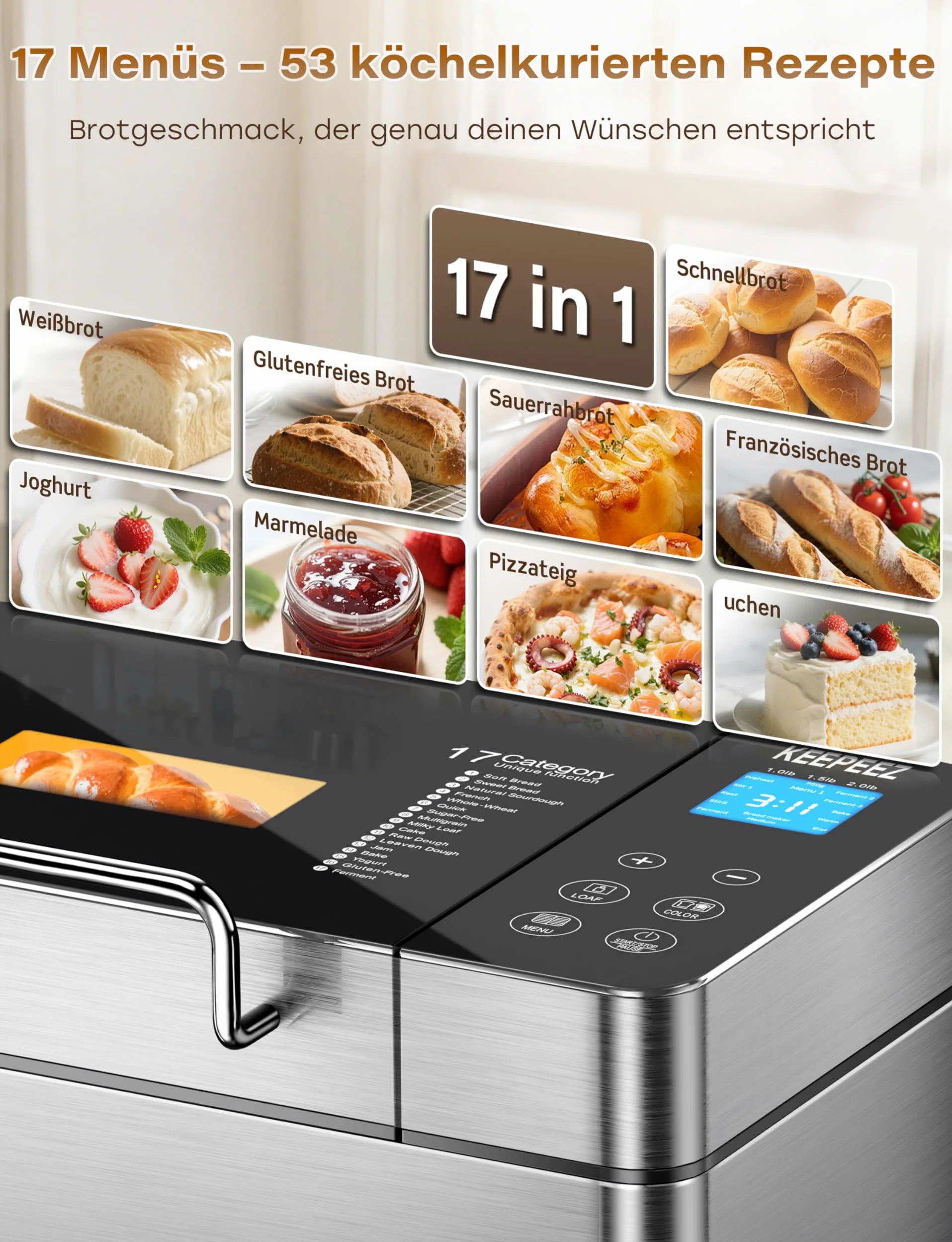 2LB 17 in 1 in acciaio inox con contenitore per frutta e frutta, stampo in ceramica antiaderente e pannello touch digitale, 3 misure, 3 colori, set di riserva e manutenzione