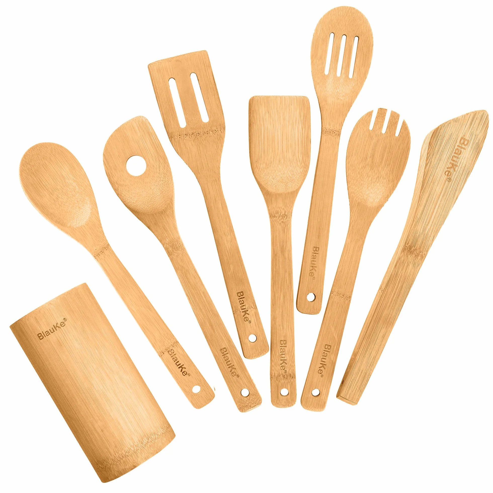 BlauKe® Set di Utensili da Cucina in Bambù Naturale - 8 Pezzi con Paletta, Spatola, Pinze, Cucchiaio in Legno, Porta Mestoli