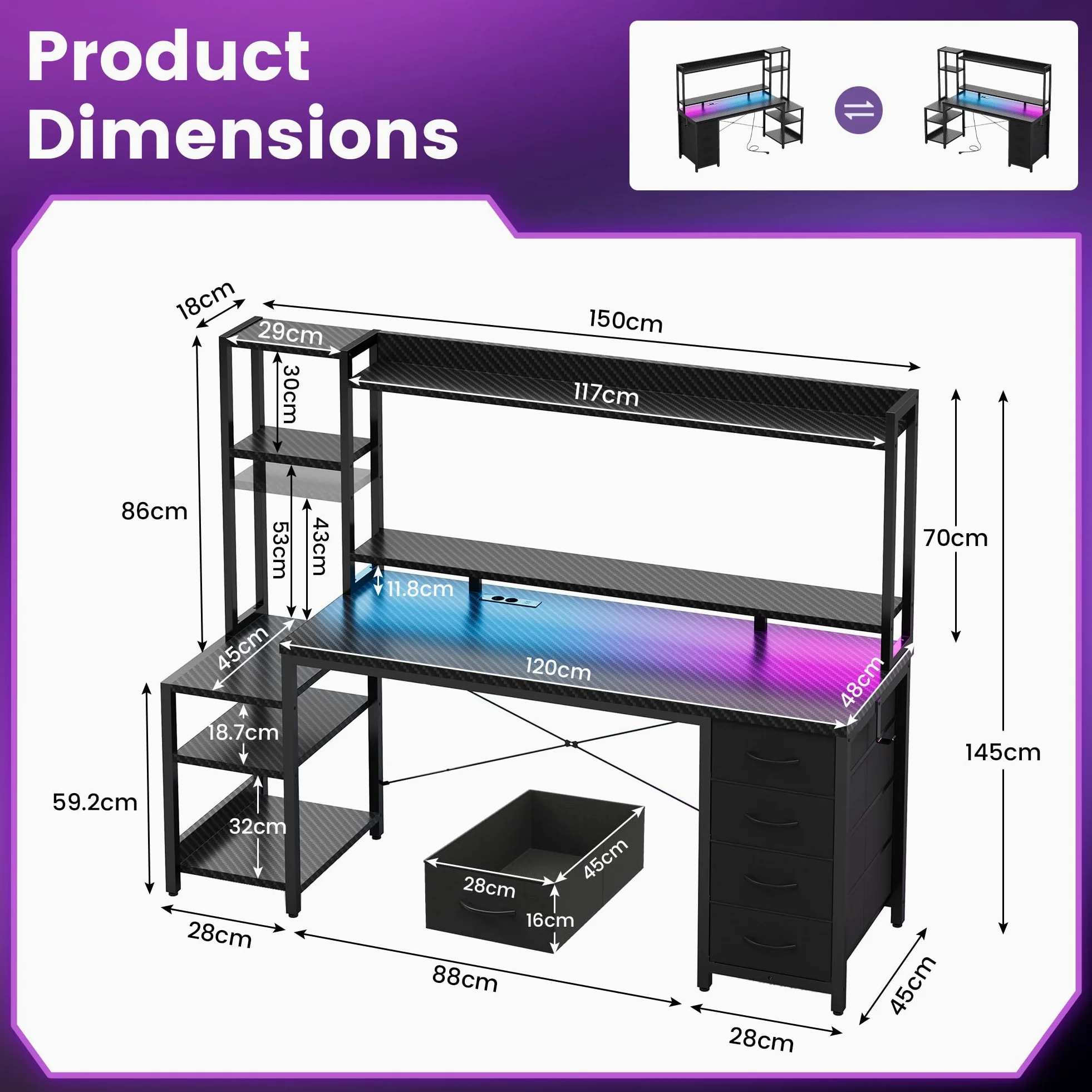 YOUDENOVA Scrivania da gioco con cassetti e ripiano, 150 x 48 cm, tavolo da gaming con LED, presa e USB, scrivania per computer con supporto per monitor, ripiani e supporto per cuffie, fibra di
