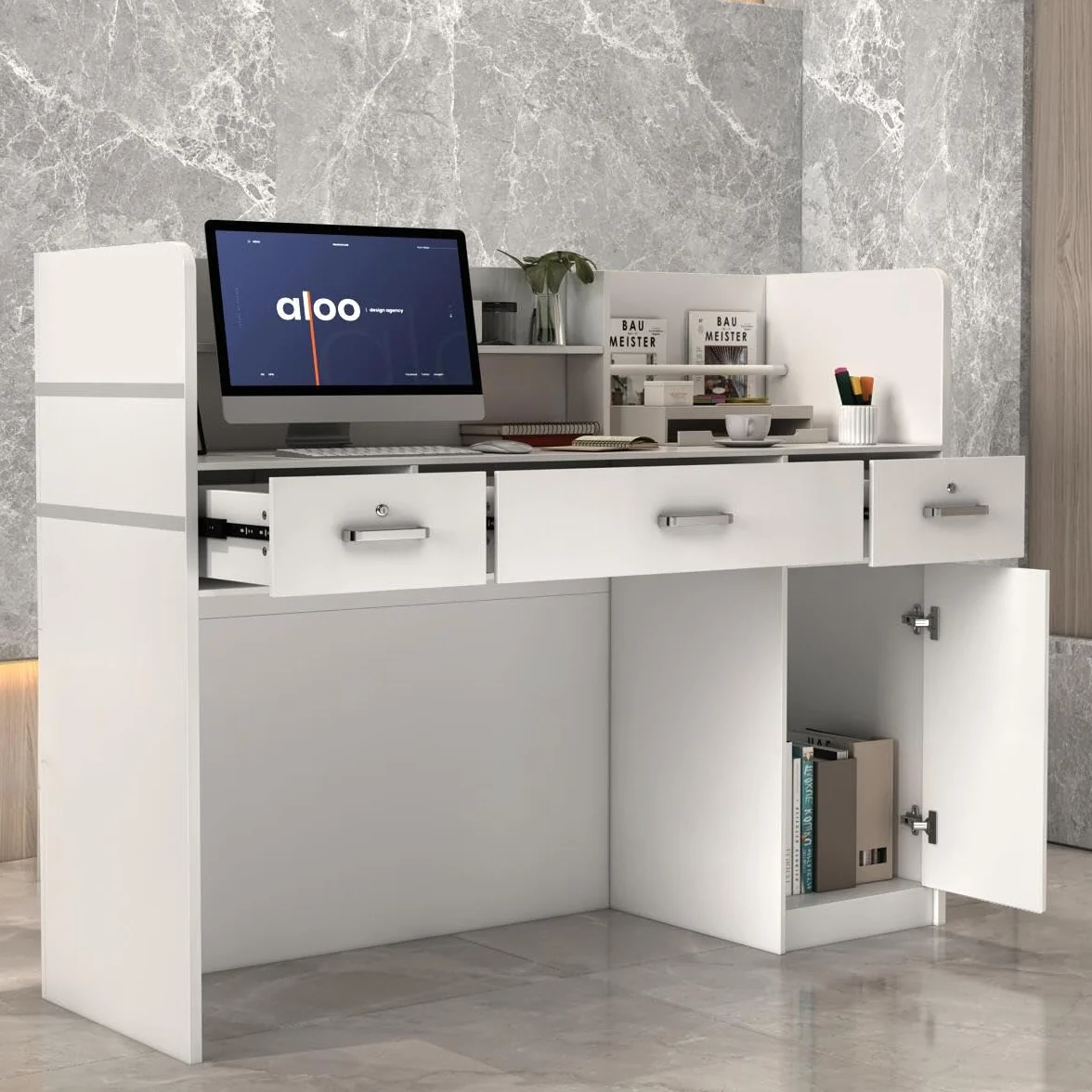 Banco reception, bancone reception, tavolo reception per ufficio con 3 cassetti e ripiani per sale aziendali, reception di hotel, negozi di abbigliamento, bianco 120 cm L x 48 cm P x 110 cm H