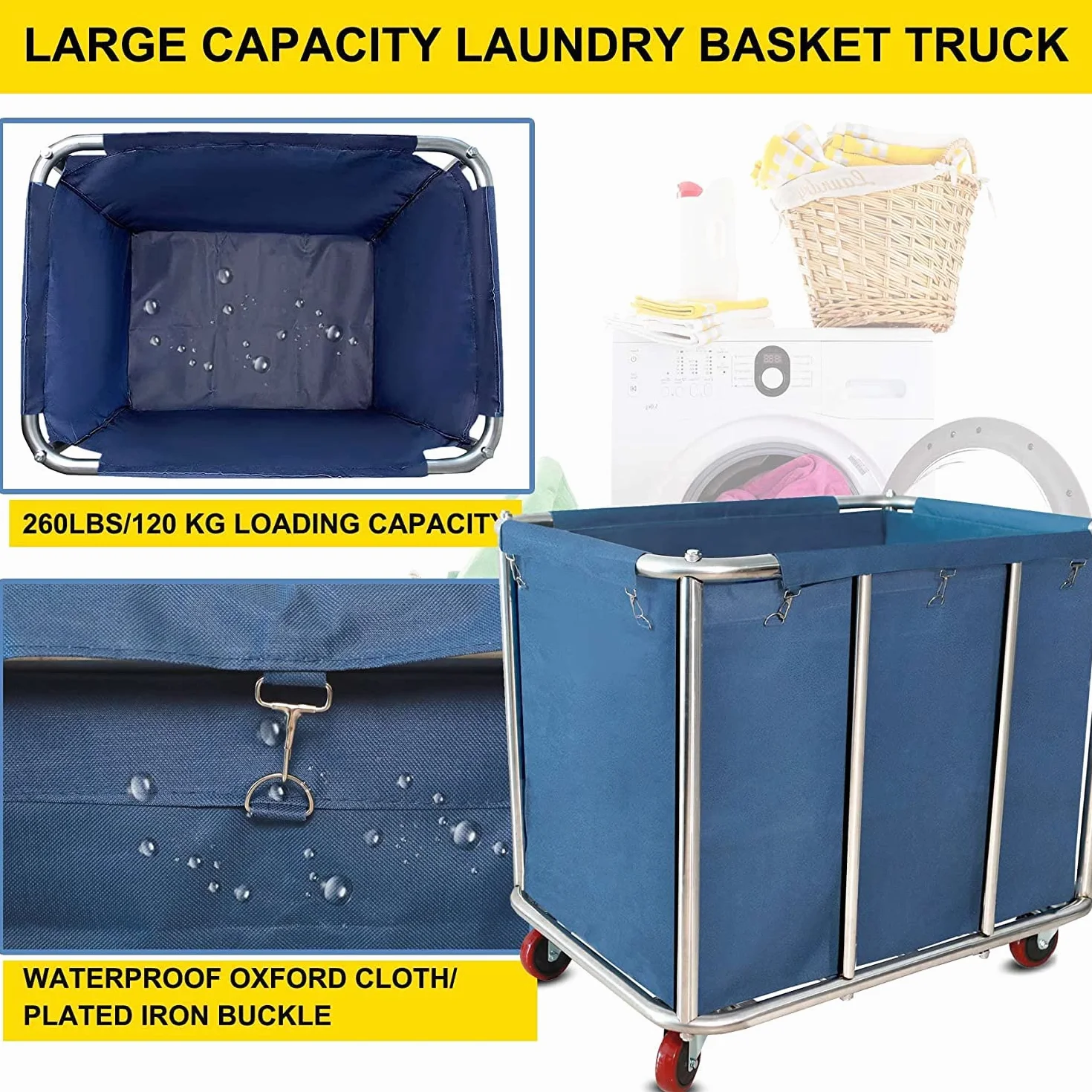 Carrello per la biancheria, grande commerciale, in acciaio inox, con ruote, per la casa, hotel, 400 l, 120 kg, 90 x 65 x 80 cm (blu)