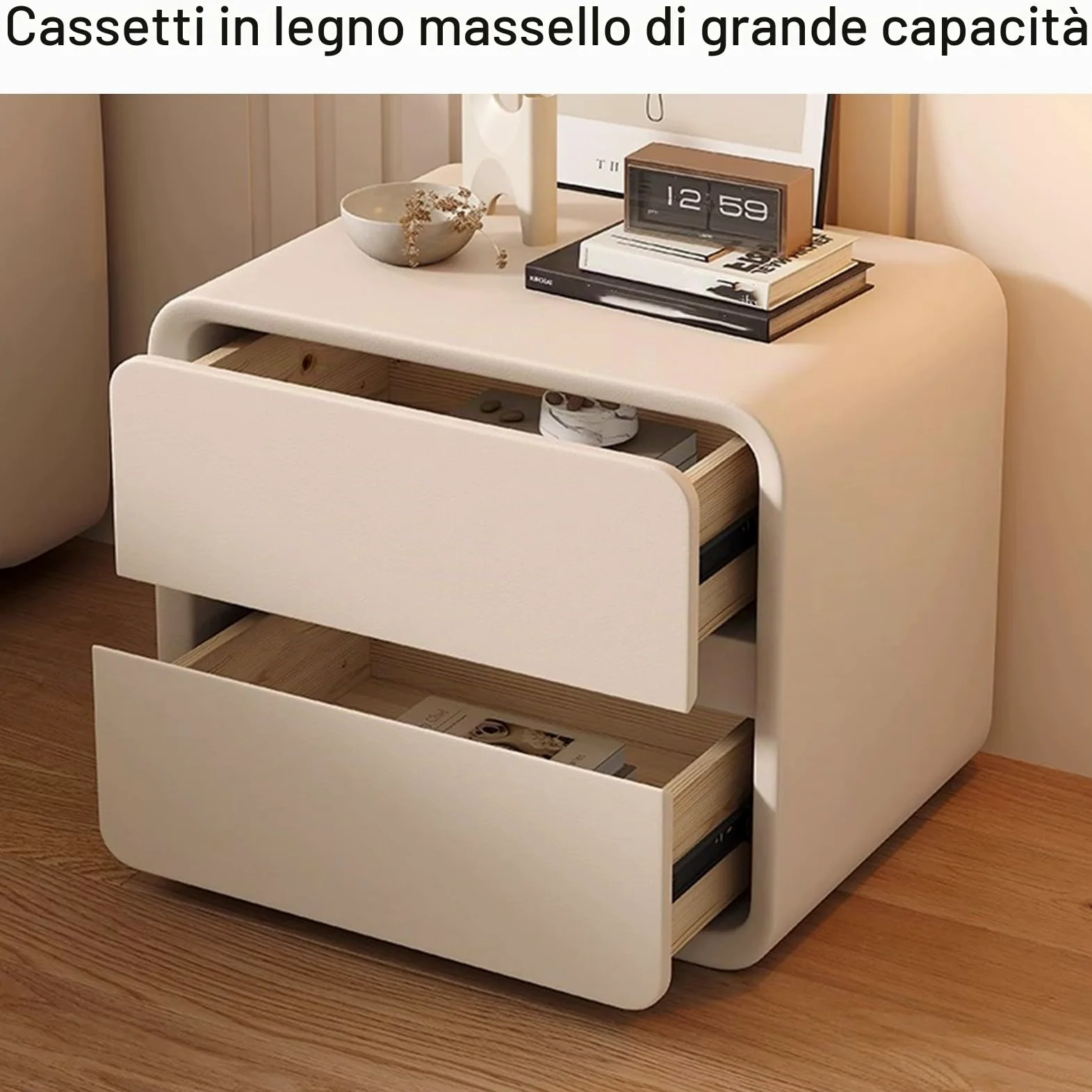 DTREEL Comodino Moderno con 2 Cassetti in Legno Massello e Pelle Microfibra, Tavolino da Camera da Letto/Soggiorno/Dormitorio, Beige, 50 cm/20 in