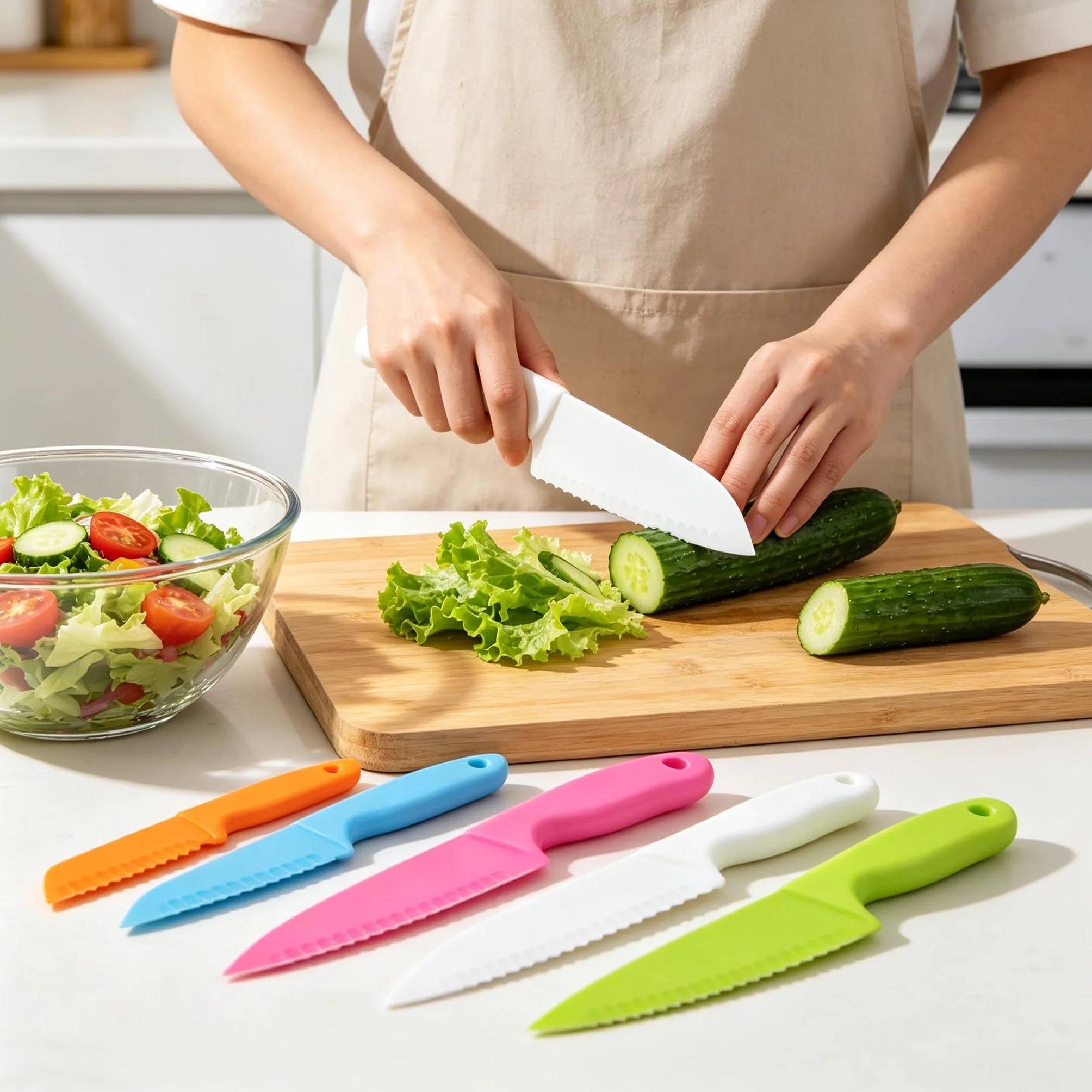 SelfTek 9 pezzi Set di coltelli da cucina in plastica per bambini Chef di cucina sicuro per bambini Coltelli per pane alla frutta