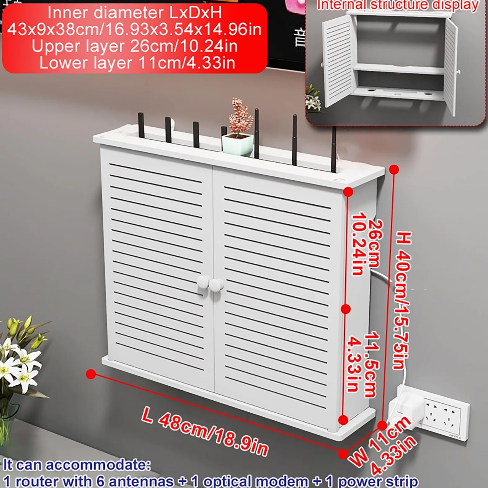 WiFi Router Mensola Montaggio a Parete Nascondere Cavi Scatola con Anta e Ripiano Grande Capacità per Soggiorni Casa e Ufficio.(48x11x40cm)