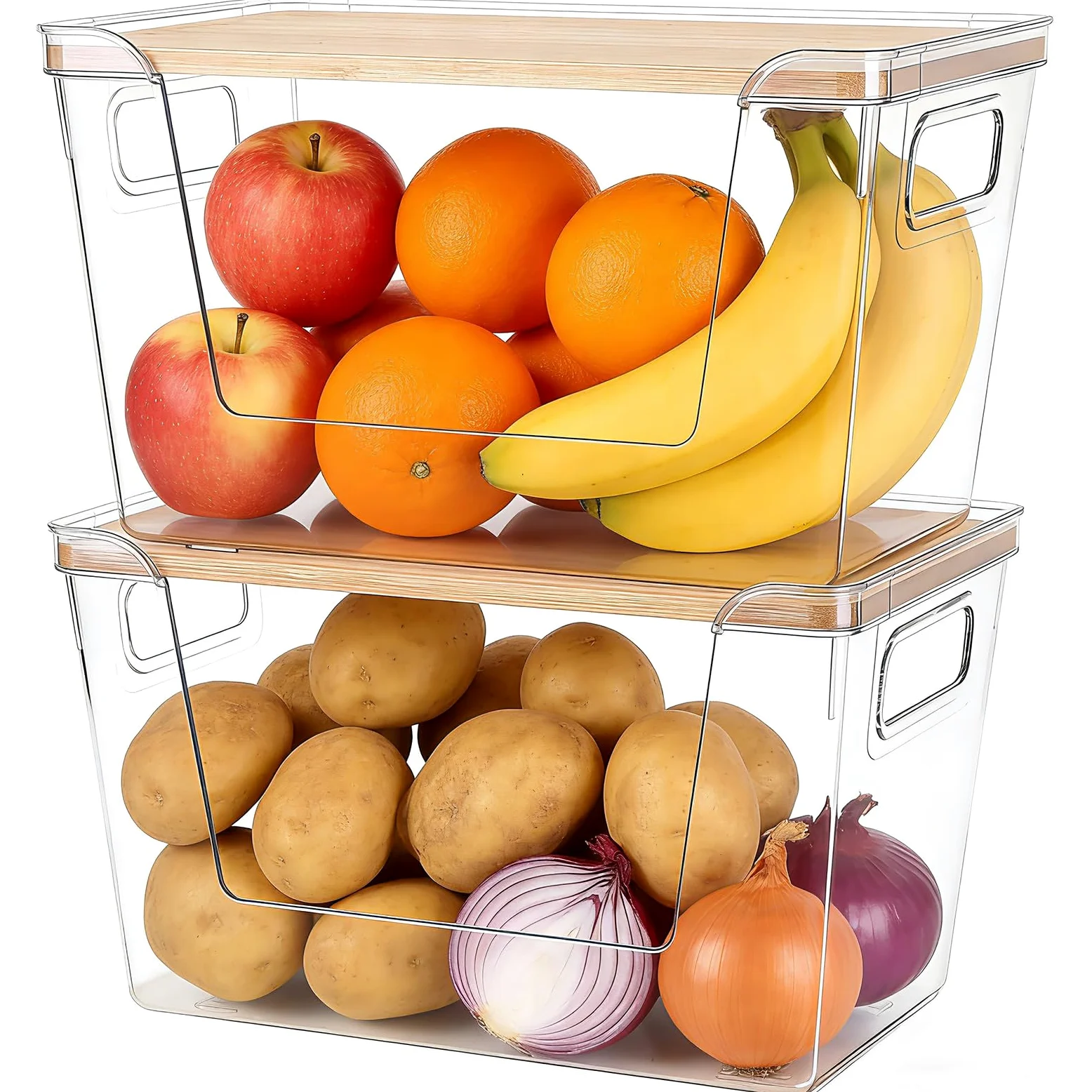 Set di 2 contenitori impilabili per dispensa, per patate, cipolla, aglio, frutta, verdura, prodotti, con apertura frontale trasparente e coperchio