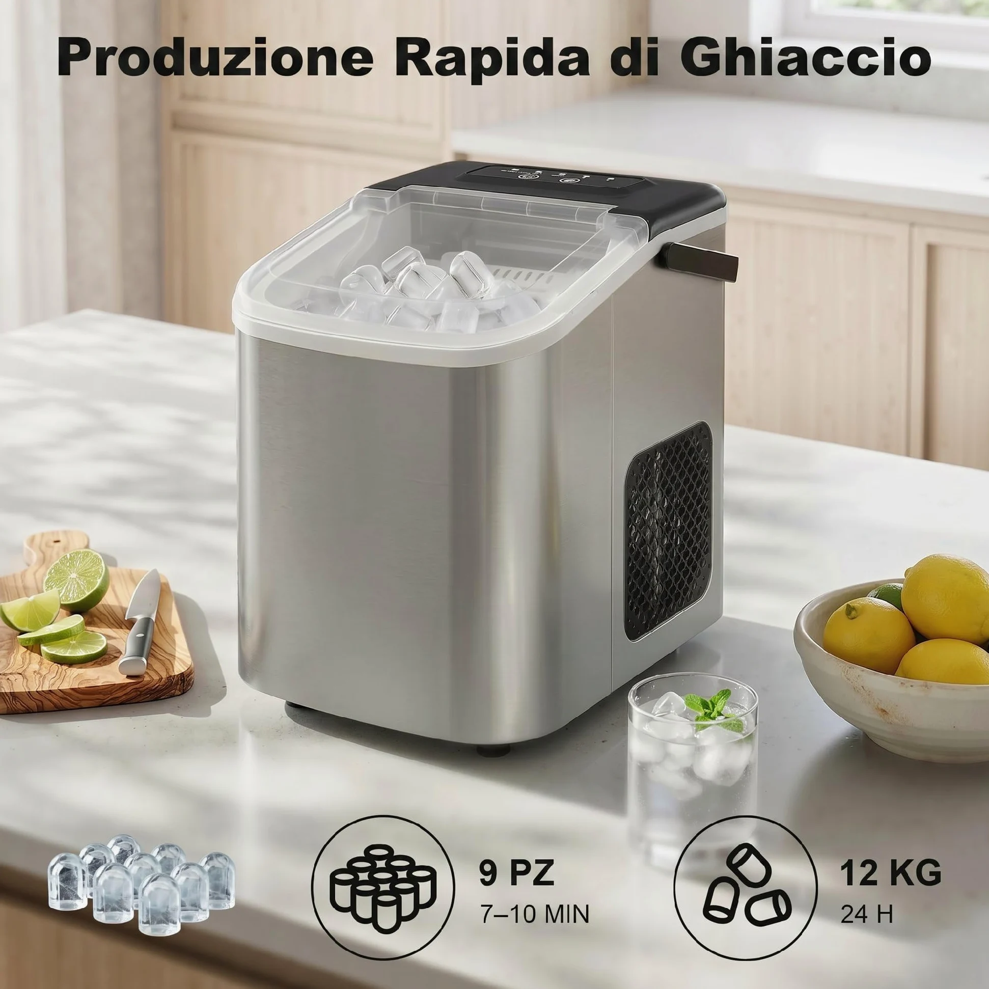 HOMCOM Macchina Ghiaccio 12kg/24h, Autopulente Macchina del Ghiaccio 9 Cubetti in 7-10Minuti, Acciaio Inox, 2 Dimensioni, Serbatoio 1.2L, Portatile, Silenzioso, Cestello Paletta, Casa Ufficio, Argento