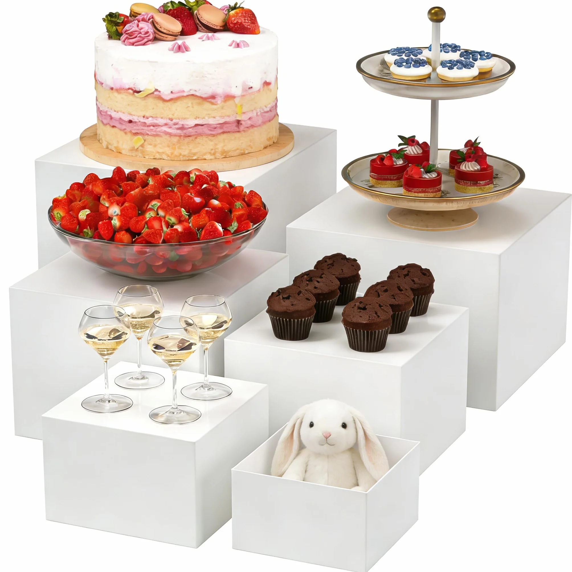 FUSHITON 6 Pezzi Alzata per Dessert in Plastica Bianca, Supporti di Presentazione per Buffet - Cubi Espositivi a 5 Facce Impilabili per Pasticceria, Decorazione, Negozio (6 Dimensioni Diverse)