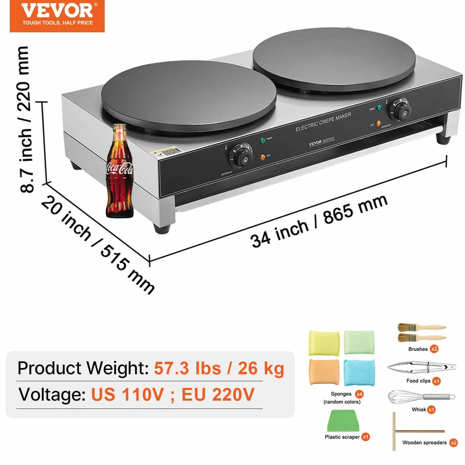 VEVOR Crepiera Elettrica Commerciale a Doppia Testa 406 mm 6000 W, Piastra Piana Antiaderente in Acciaio Inox