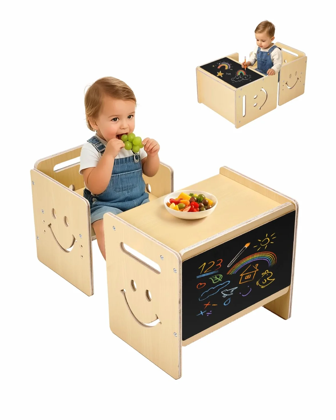 VEVOR Set Tavolo e Sedia per Svezzamento in Legno per Bambini 424 x 300 x 385 mm, Sgabello Regolabile 345 mm