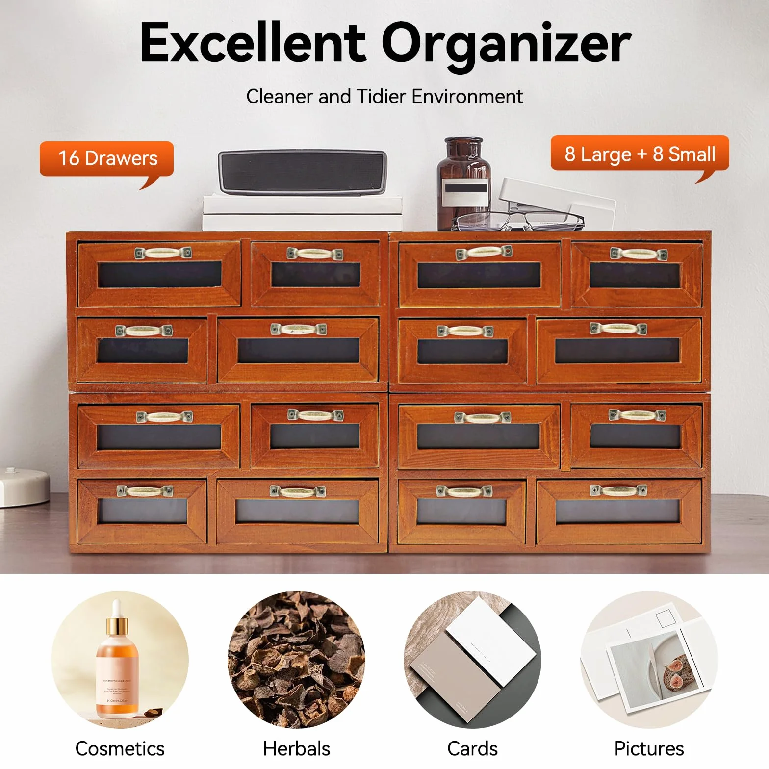 4 armadietti vintage in legno, 16 cassetti con finestra a vista, organizer da scrivania per ufficio e bricolage, cassettiera retrò per piccoli oggetti, contenitore