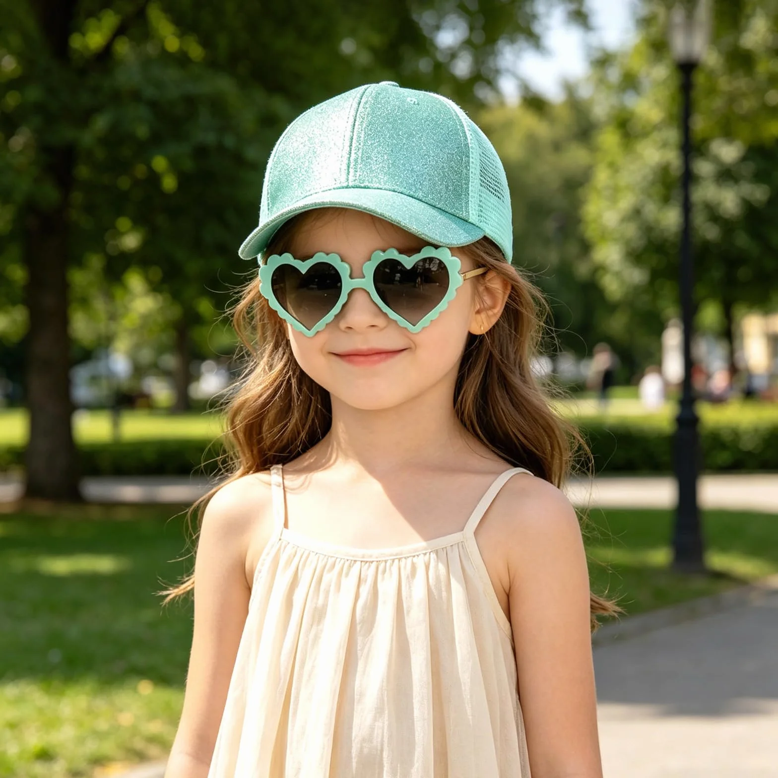 Cappellino da Baseball per Bambina con Coda di Cavallo Glitter e Occhiali da Sole, Cappello da Sole a Rete Regolabile Visiera per Ragazze