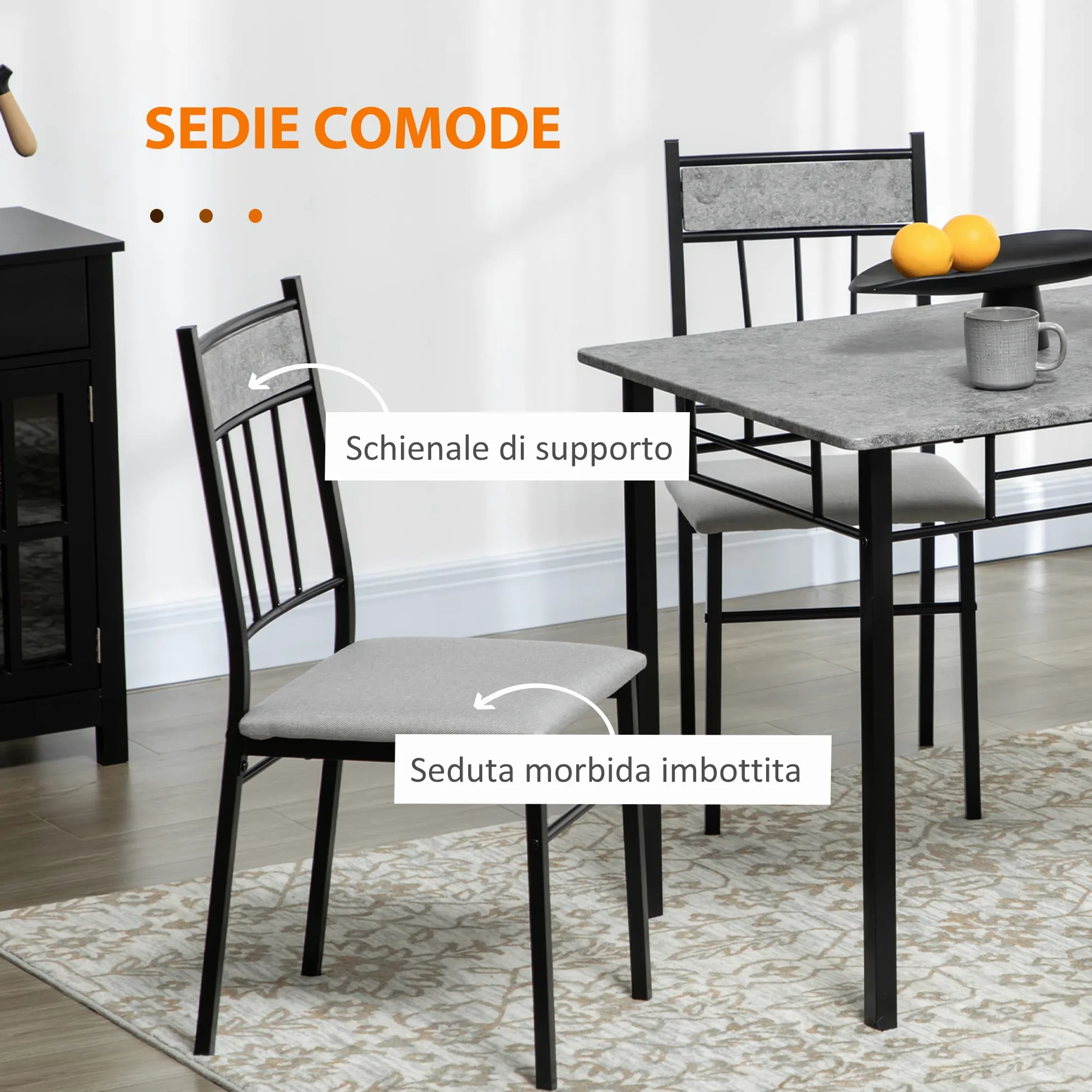 HOMCOM Set Tavolo e Sedie 5pz, Tavolo da Pranzo Rettangolare in Metallo e MDF e 4 Sedie da Pranzo con Seduta Imbottita in Gommapiuma e Poliestere