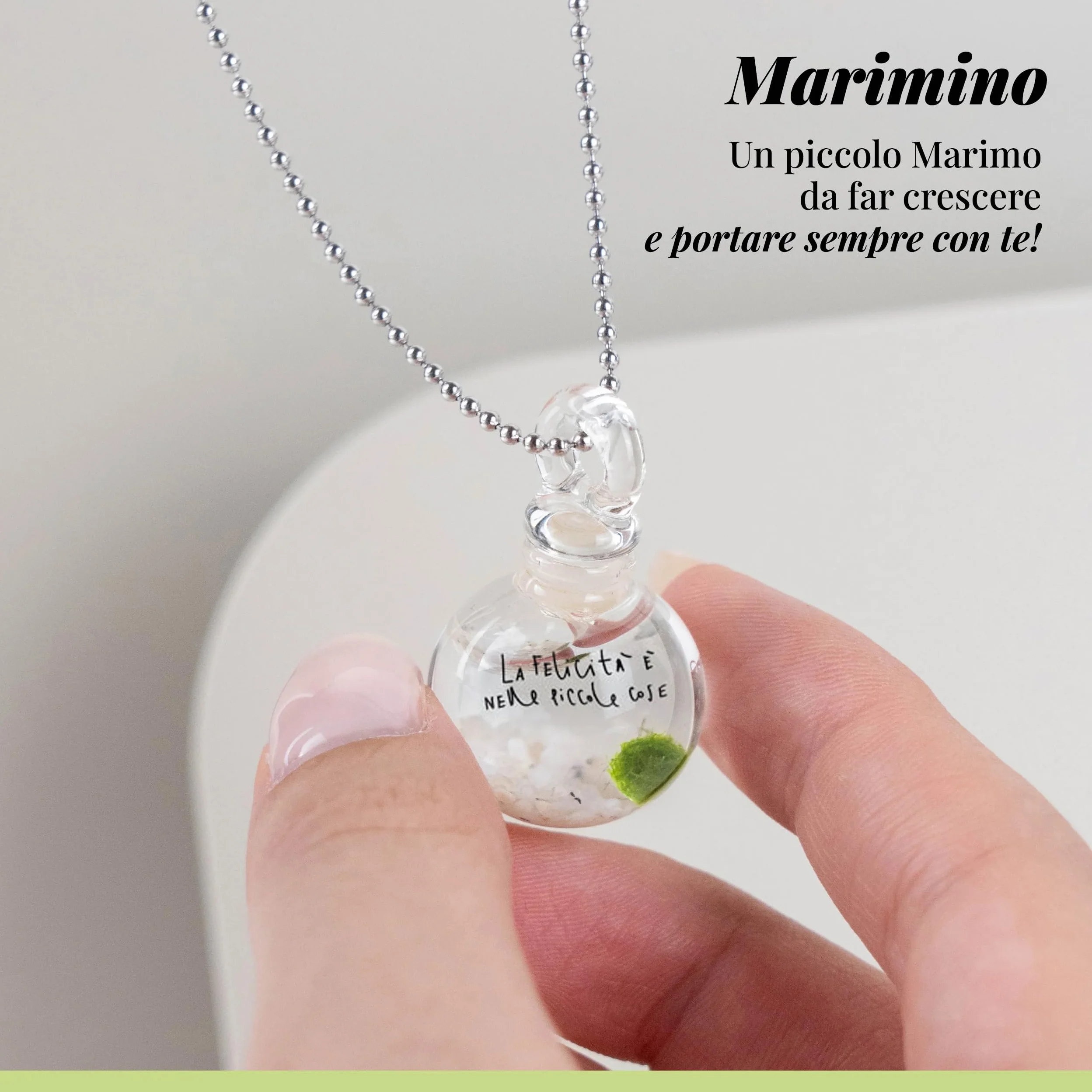 KAKI La Felicità è Nelle Piccole Cose Collana Marimino Edition con Marimo Vero Vetro Soffiato Artigianale Acciaio Inossidabile Anallergico Donna
