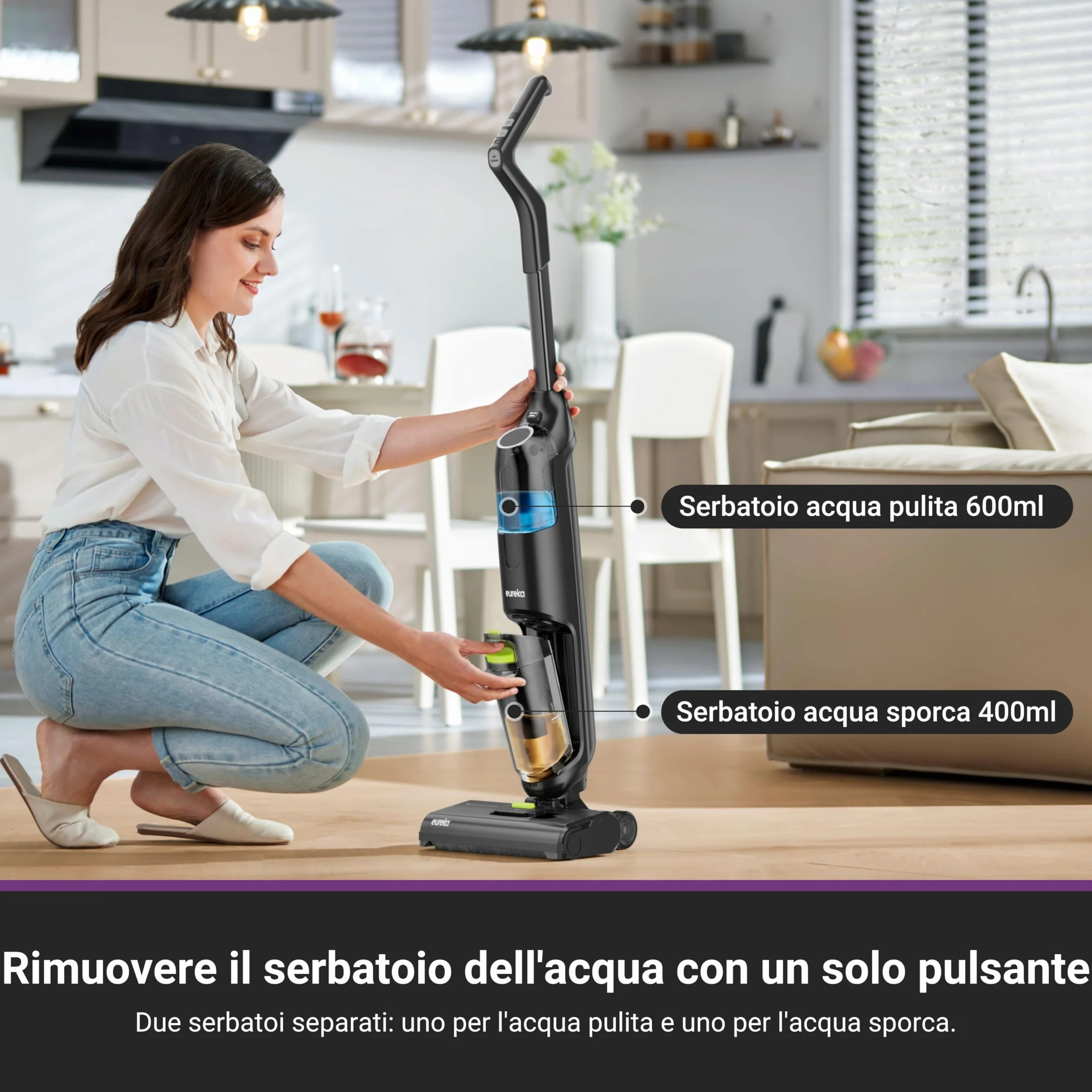 EUREKA NEW400 Lavapavimenti Senza Fili, Aspira e Lava in un Passaggio, 3,95kg Ultraleggero, Autopropulsione, 600ml+400ml Doppio Serbatoio, Batteria 2500mAh×6, Pavimento Asciutto 90%