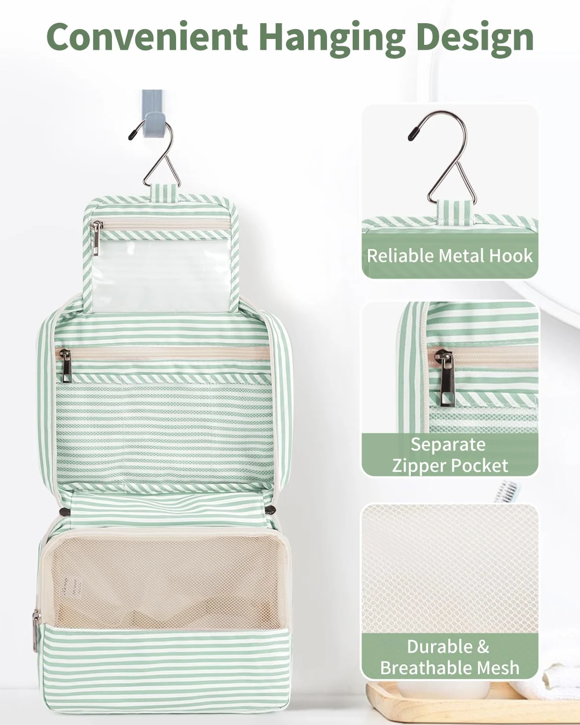 Narwey Beauty Case da Viaggio Appendere Borsa Toilette Wash Bag Travel Kit Trousse Trucchi Donna Uomo (Striscia Verde Menta)
