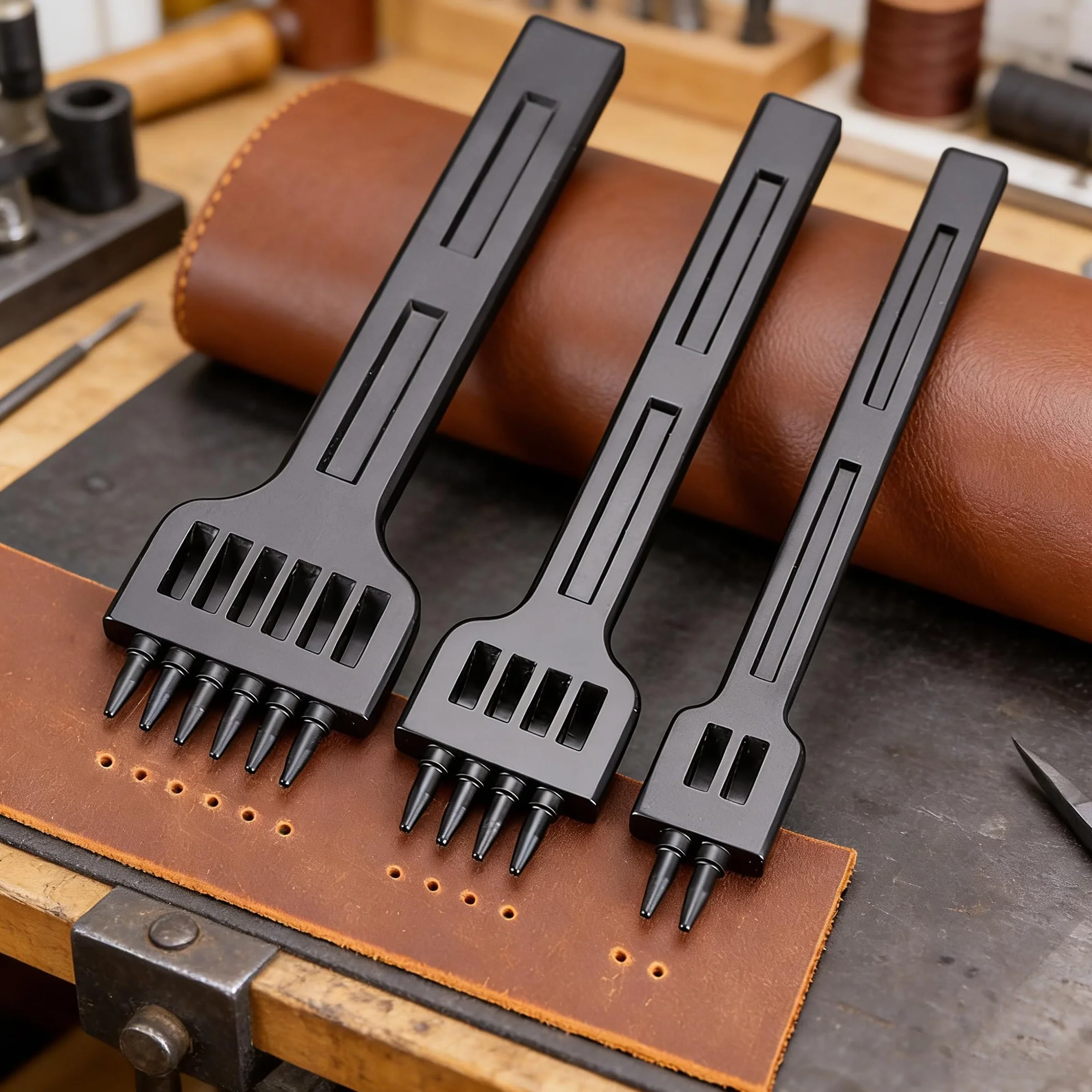 3Pcs Punzoni in Acciaio,Punzonatrice Fai Da Te in Pelle,Strumenti di Punzonatura Punzoni, 2-6mm 2 + 4 + 6 Denti Cuciture Scalpello Tool, per Allacciatura Cucitura Artigianale in Pelle