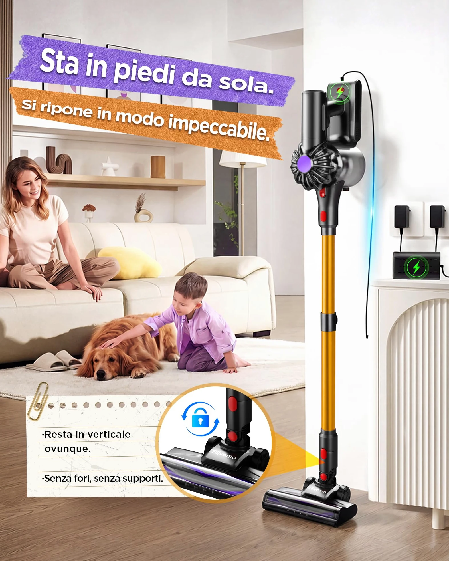 S16 Aspirapolvere Senza Fili, 50kPa/600W/45min, Batteria Rimovibile, Scopa Elettrica Leggero con Luce LED Verde, Autoportante, per Peli Di Animali/Pavimenti Duri, Arancione