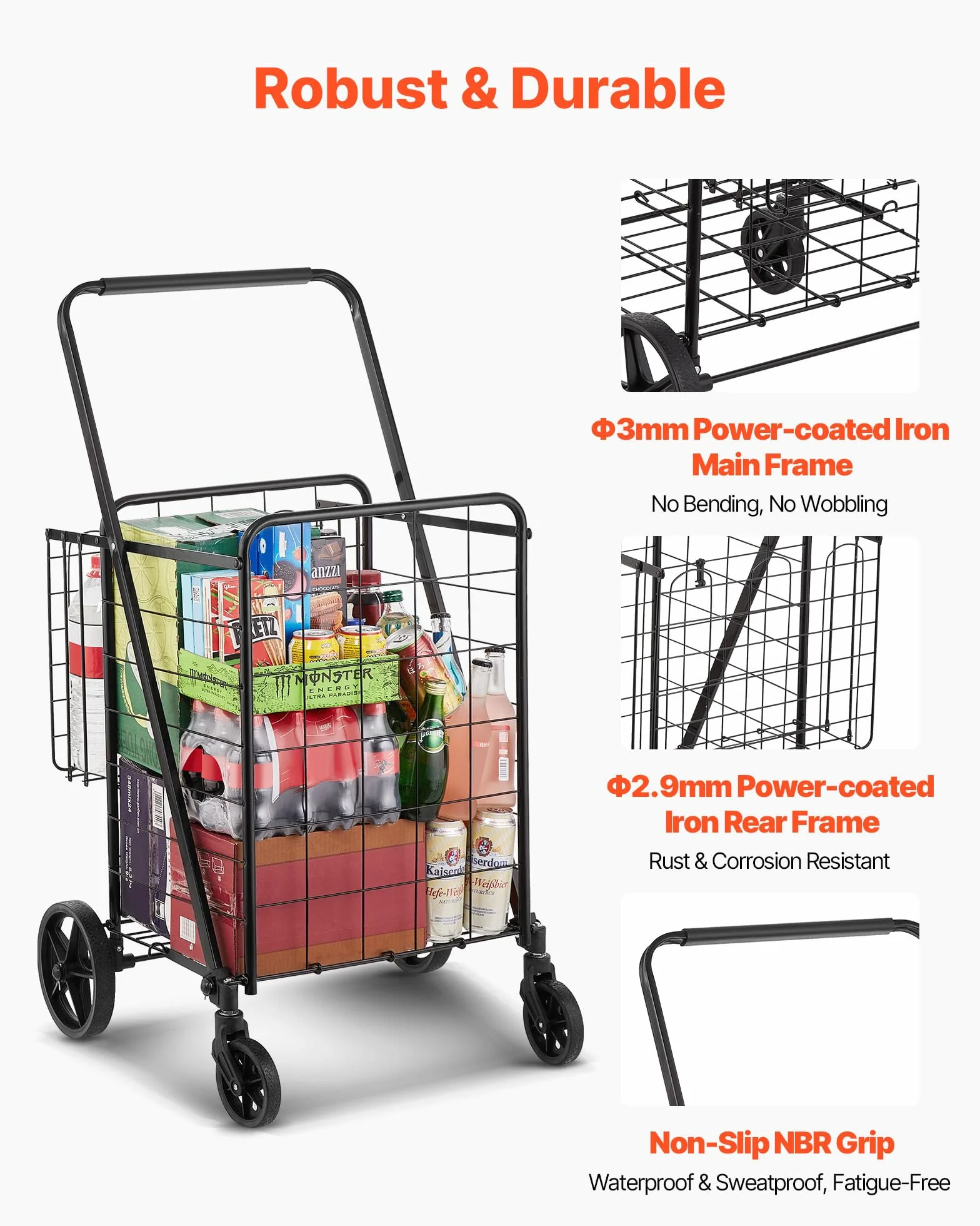 VEVOR Carrello Portabiancheria con 4 Ruote Portabiancherio di Lavanderia, Cesto Posteriore, Carico Max. 50kg, Carrello 6,21kg