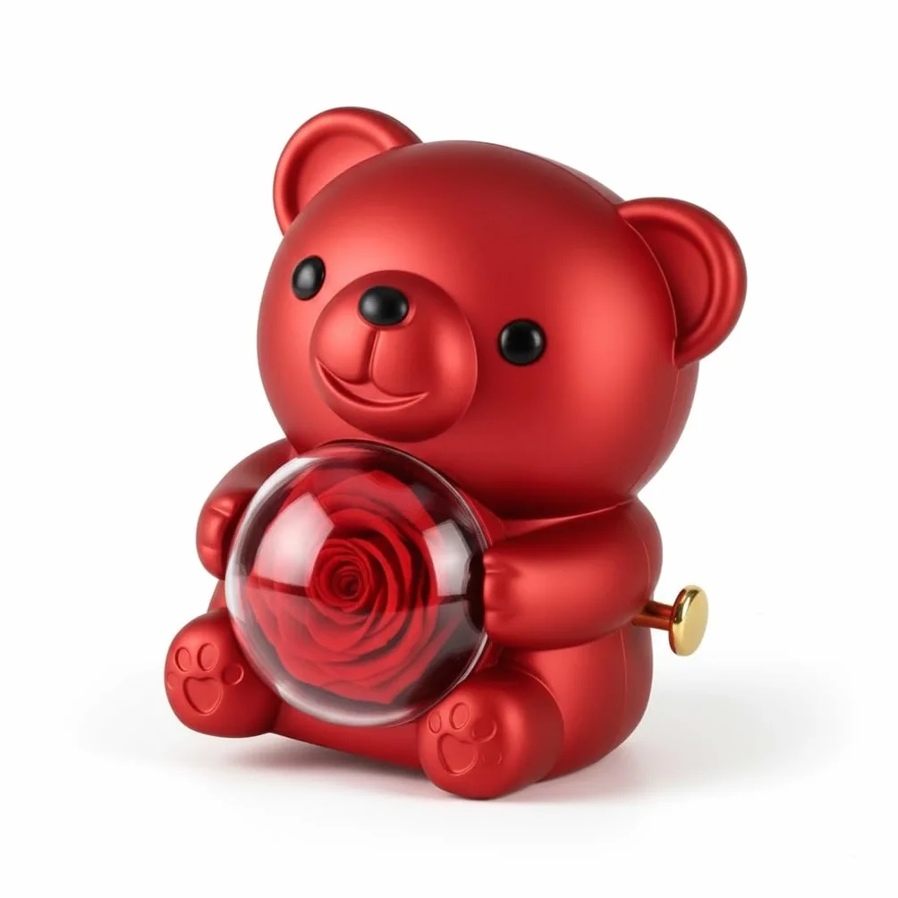 Orsetto Romantico Decorativo Rosso con Rosa, Figura Ornamentale con Dettagli Metallici