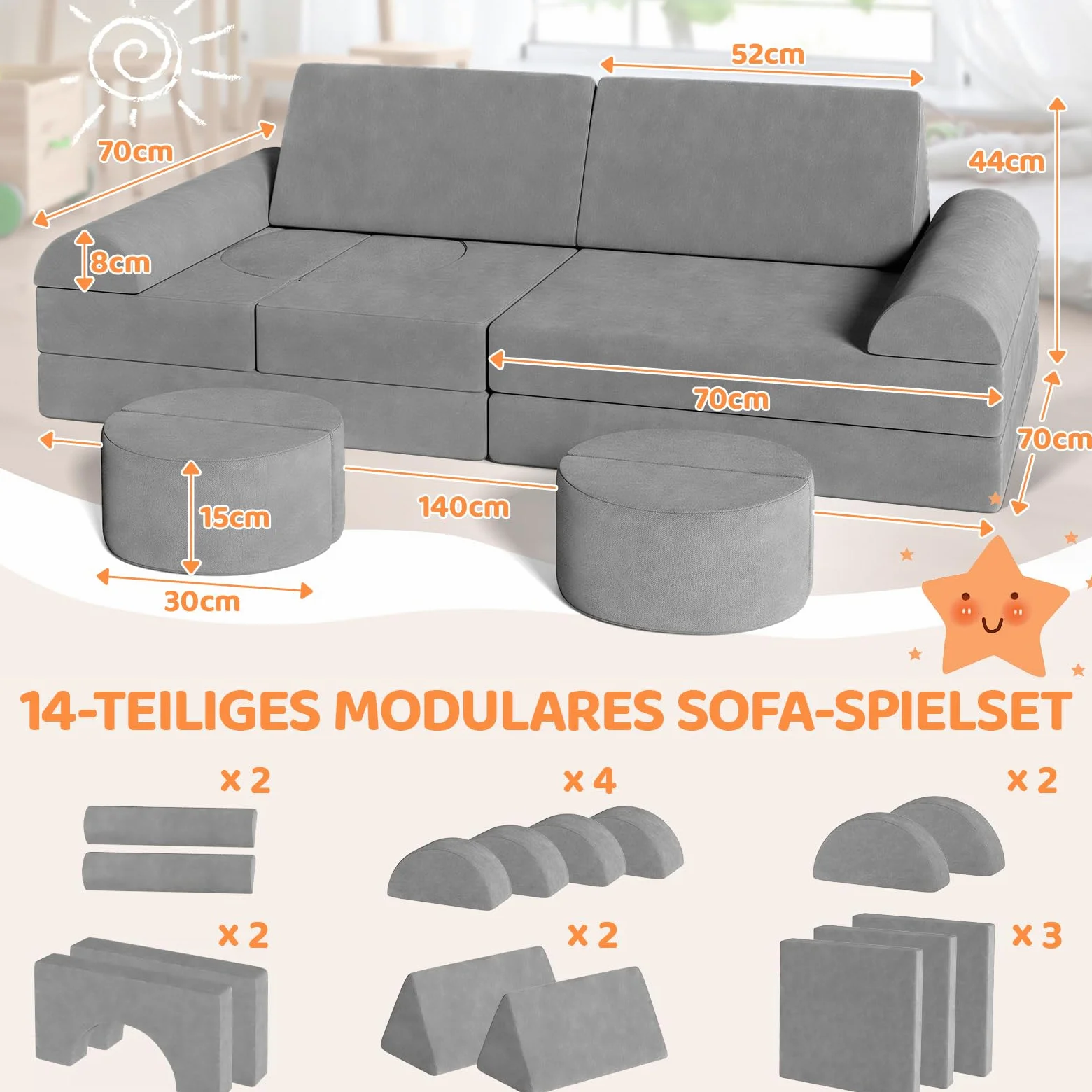 MAMIZO Divano da Gioco per Bambini, DivanoModulare per Bambini con 15PCS Modulo, Poltrona Letto bambino, Divano Trasformabile in Schiuma per bambino, per Camera da Letto, Sala Giochi