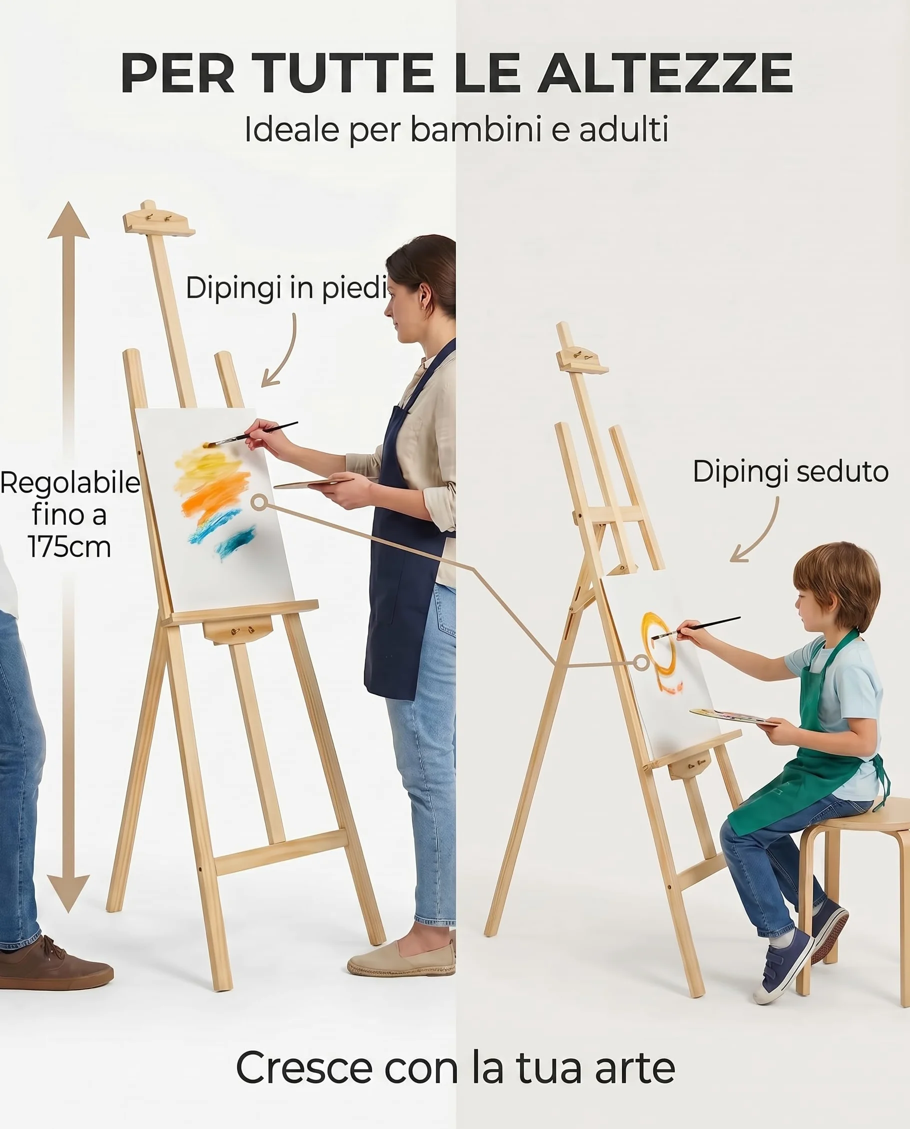 Cavalletto Pittura in Legno di Pino 175 cm Regolabile Altezza e Inclinazione