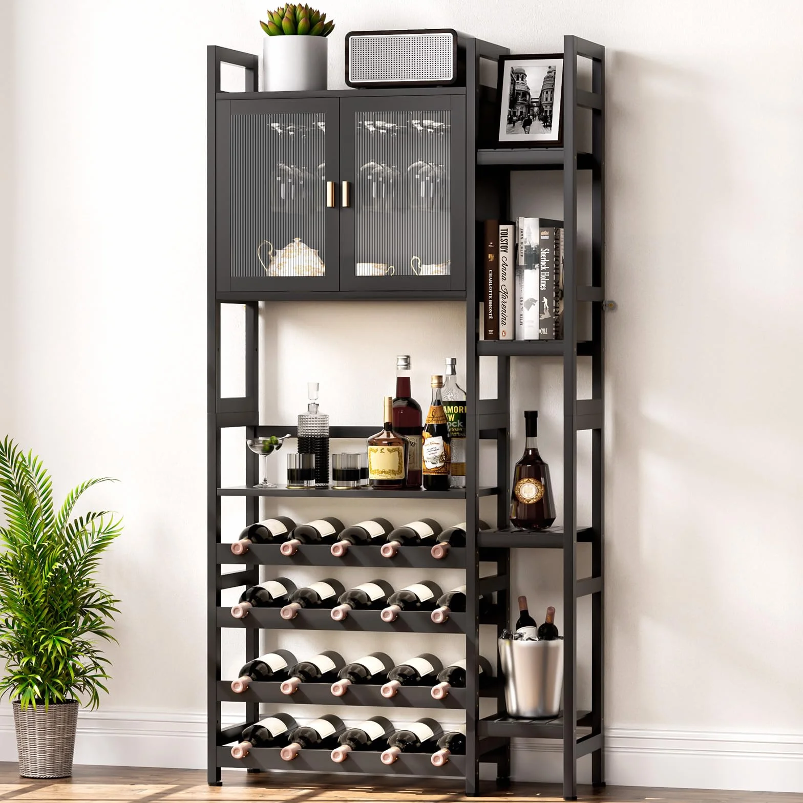 Yorbay Portabottiglie da Terra per 20 Bottiglie, Portabottiglie Vino Multistrato con Porta e Portabicchieri, Porta Vino Decorativo con Telaio Laterale per Pavimento, Bar, Cucina, Sala da Pranzo