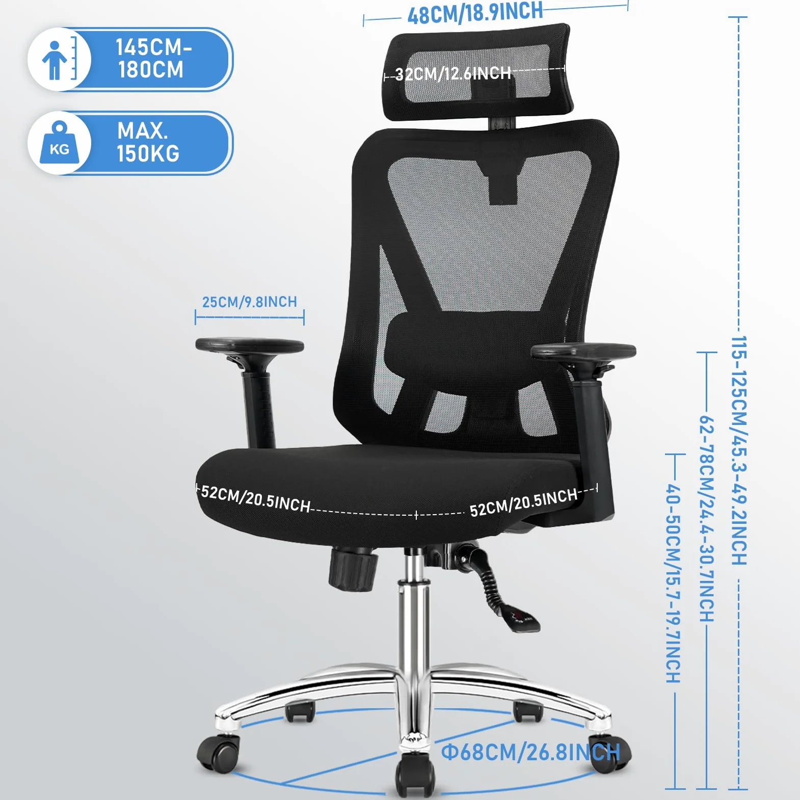 Durrafy Sedia Ufficio Ergonomica, Sedia Scrivania con 2D Poggiatesta, Supporto Lombare Regolabile und Braccioli, 90°-130° Reclinabile Poltrona Ufficio in Rete Traspirante per la Casa, Ufficio e Gaming