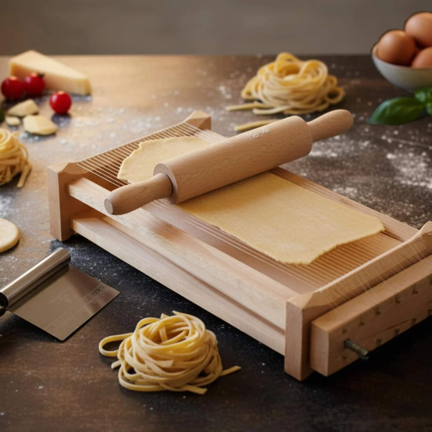 Chitarra Abruzzese per Pasta Fresca - Tagliapasta inox doppio lato con Spatola e Mattarello