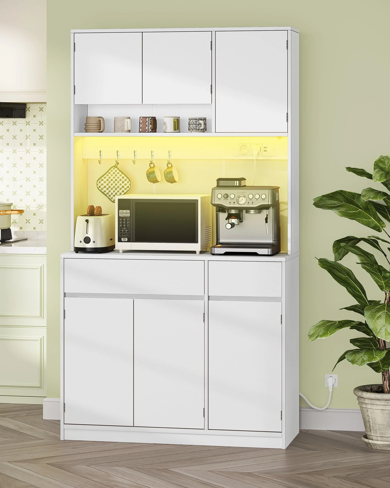 Hzuaneri Credenza Cucina Alta, Credenza Soggiorno, con Multipresa e Striscia Luminosa a LED, Ampia Superficie di Lavoro, Ripiani Regolabili, Cucina, Soggiorno, 40 x 100 x 180 cm, Bianco PT00203XEU