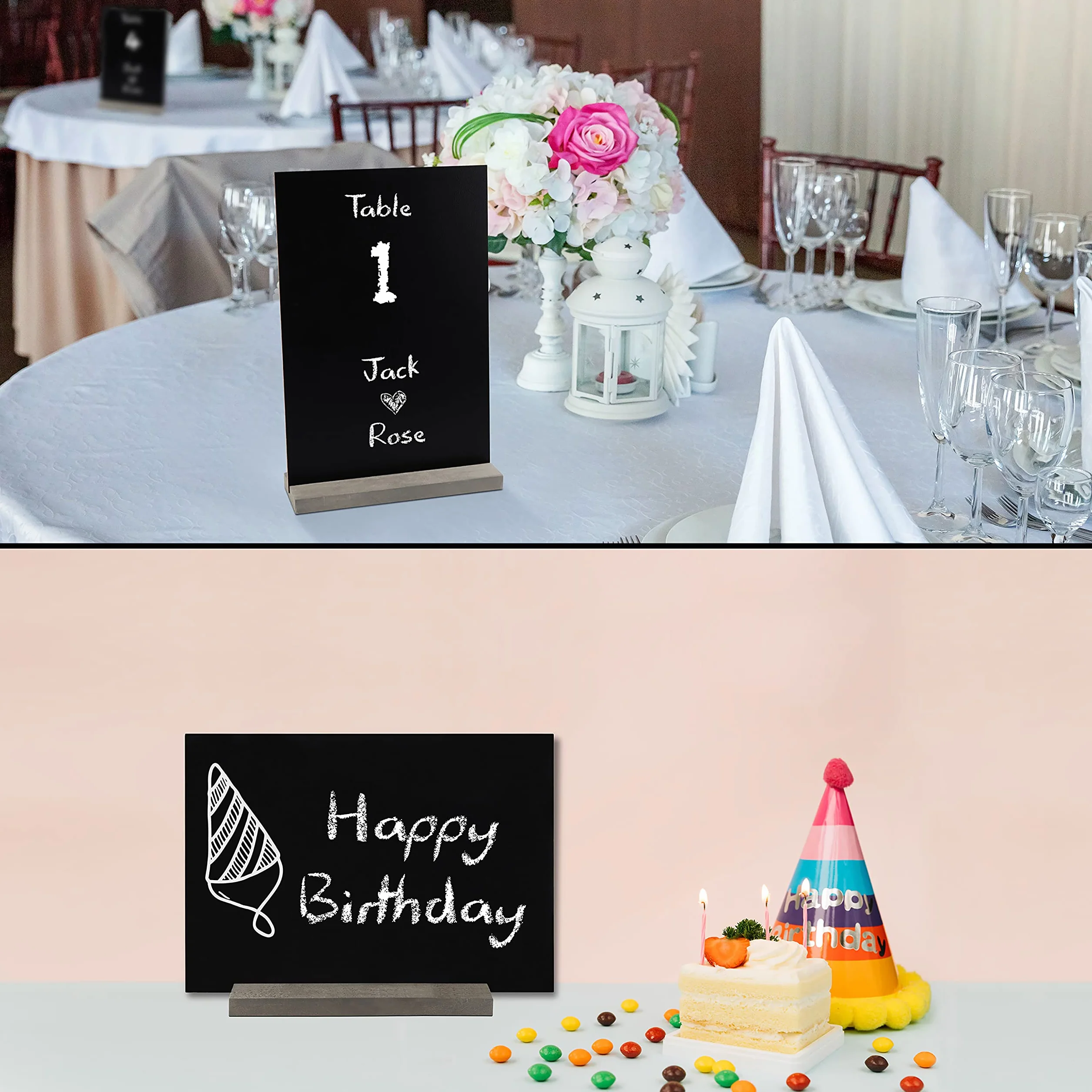 BELLE VOUS Mini Lavagnette Cancellabili Neri (6pz) - 15 x 22 cm - Mini Lavagna da Tavolo Doppia Faccia con Supporti in Legno - Piccole Lavagnette Matrimonio, Feste di Compleanno e Cibo/Buffet
