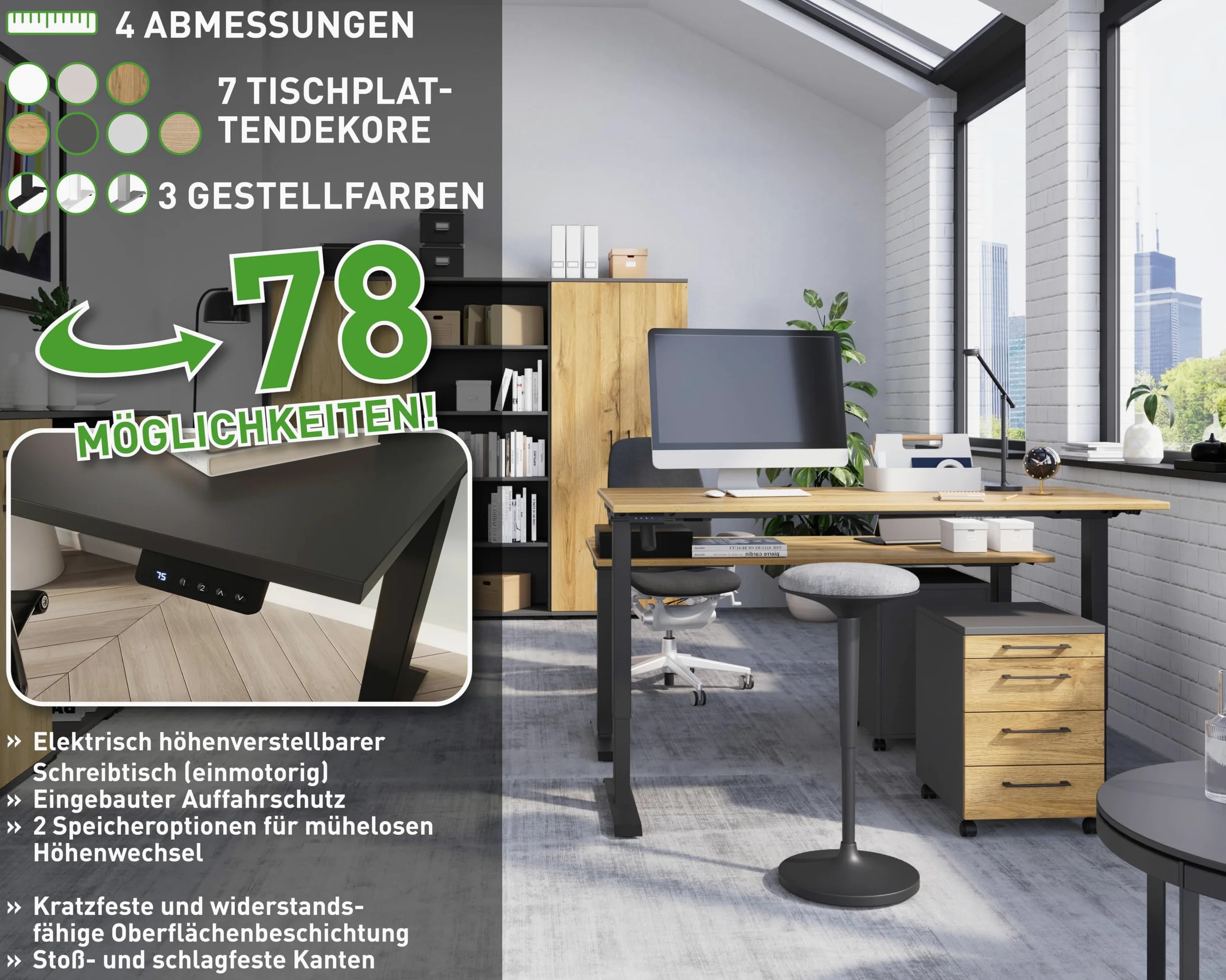 Germania Scrivania 8024-242, in rovere Navarra repro/bianco, regolabile elettricamente in altezza, 160 x 119 x 80 cm (LxAxP)