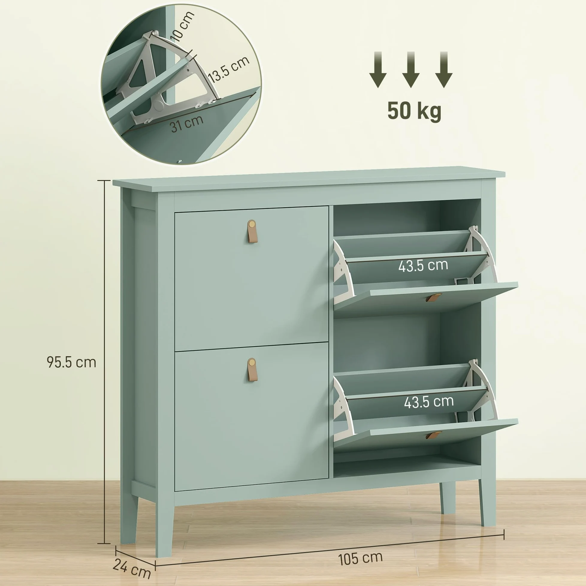 HOMCOM Scarpiera Salvaspazio Slim con 4 Ante a Ribalta, Scarpiera Ingresso con Ripiani Regolabili, Piano Superiore e Base Rialzata, Porta Scarpe per 20 Paia in Legno con Maniglia, 105x24x95.5cm, Verde