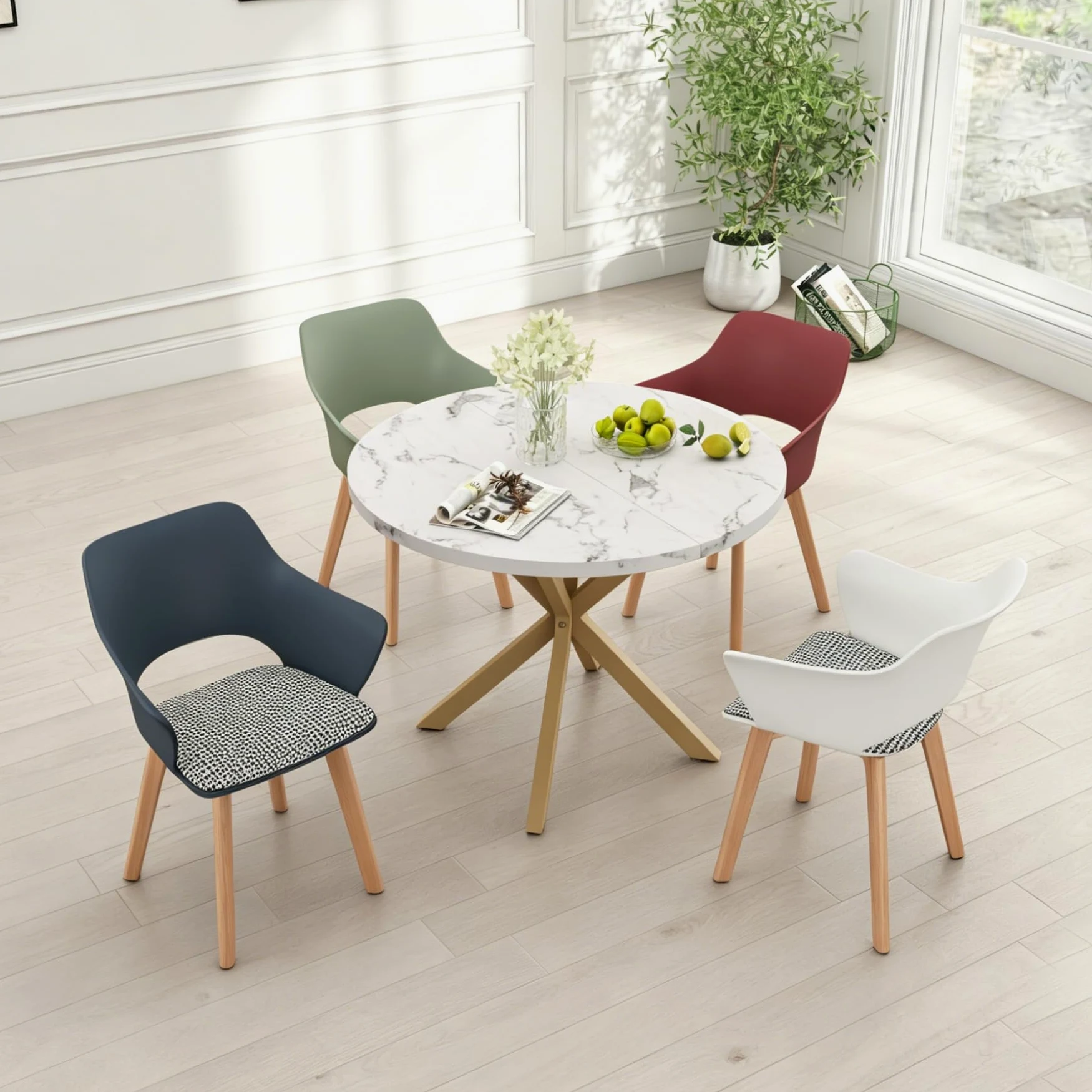 Set di 4 Sedie da Pranzo Scandinave, Sedia da Pranzo in Stile Nordico con Braccioli, Gambe in Faggio, Sedia da Cucina Imbottita in Plaid di Lino - Bianco+Rosso+Verde Chiaro+Blu