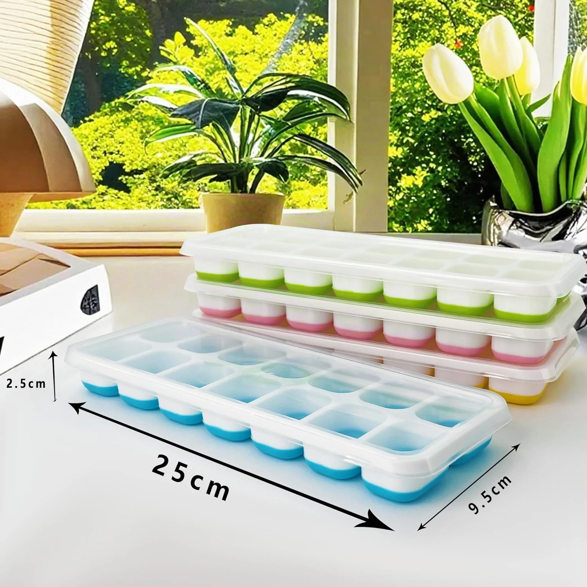 Stampo Cubetti di Ghiaccio in Silicone Alimentare con Coperchio LFGB, Adatto per Whisky e Cocktail (Rosa, Blu, Giallo, Verde)
