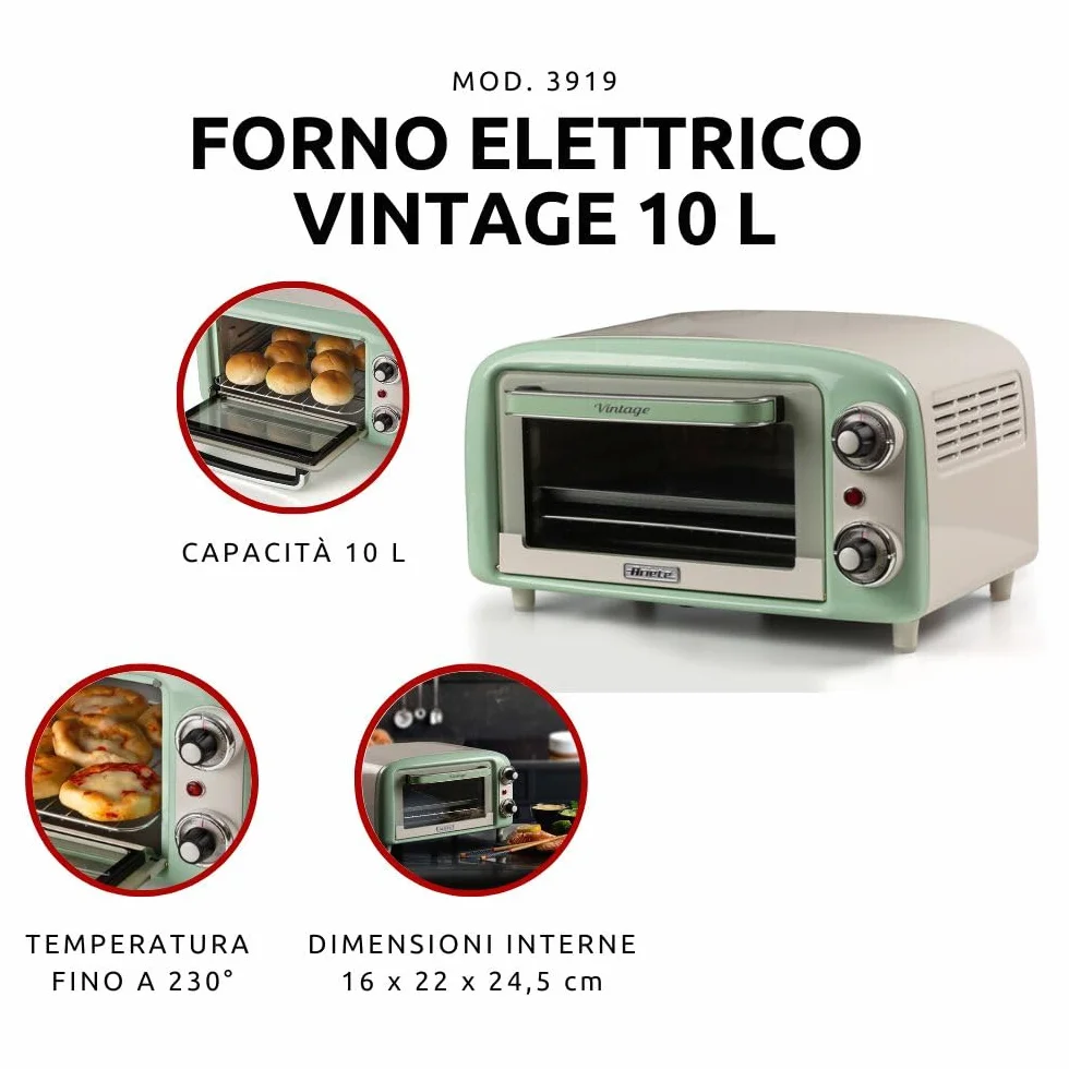 Ariete 3919 Forno Elettrico Vintage 800W 10L Doppio Vetro Zielony