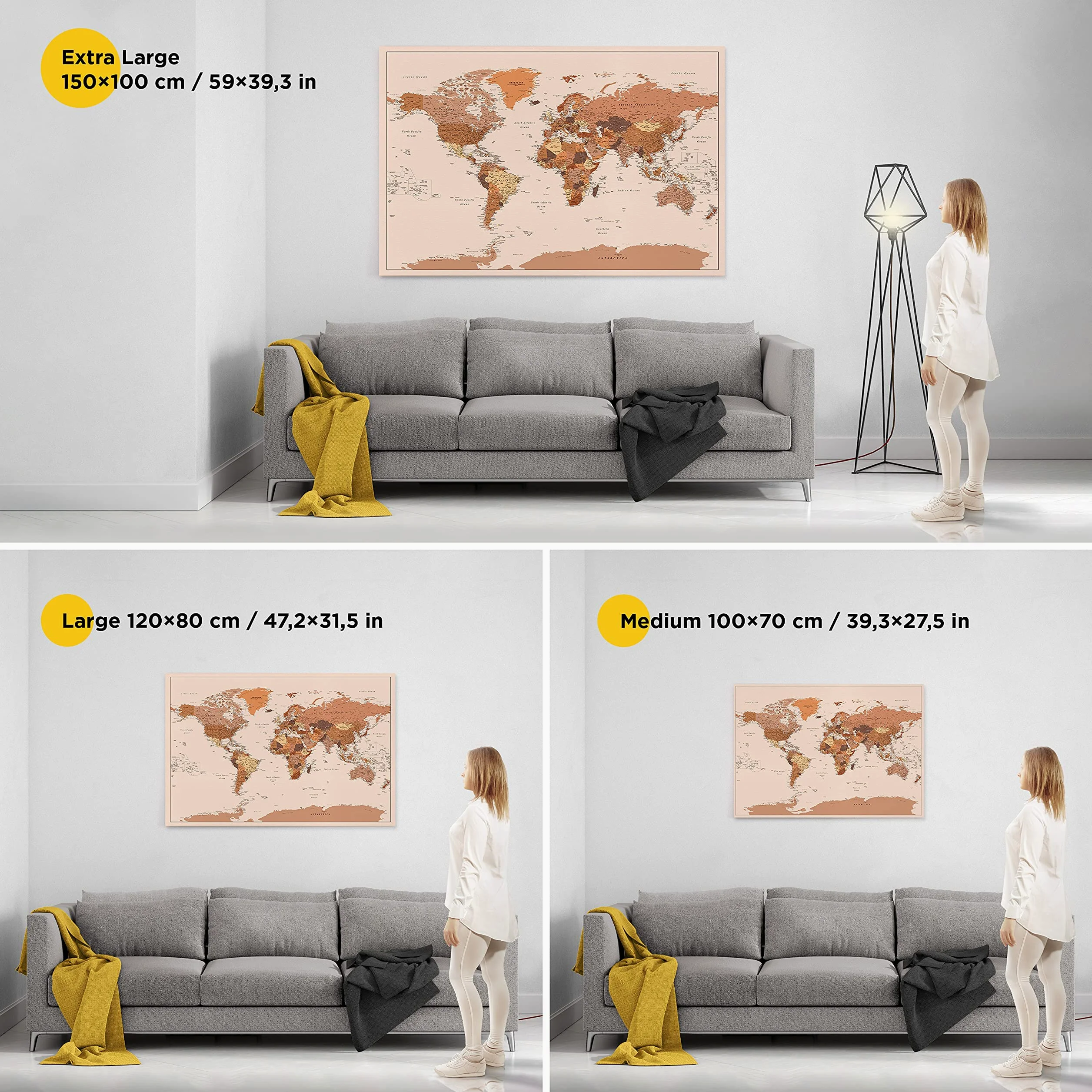 Trip Map Planisfero da Parete – Mappa del mondo - Quadro su tela incorniciato con 100 puntine incluse – Cartina geografica mondo in Marrone - 100x70 / 120x80 / 150x100 cm dimensioni