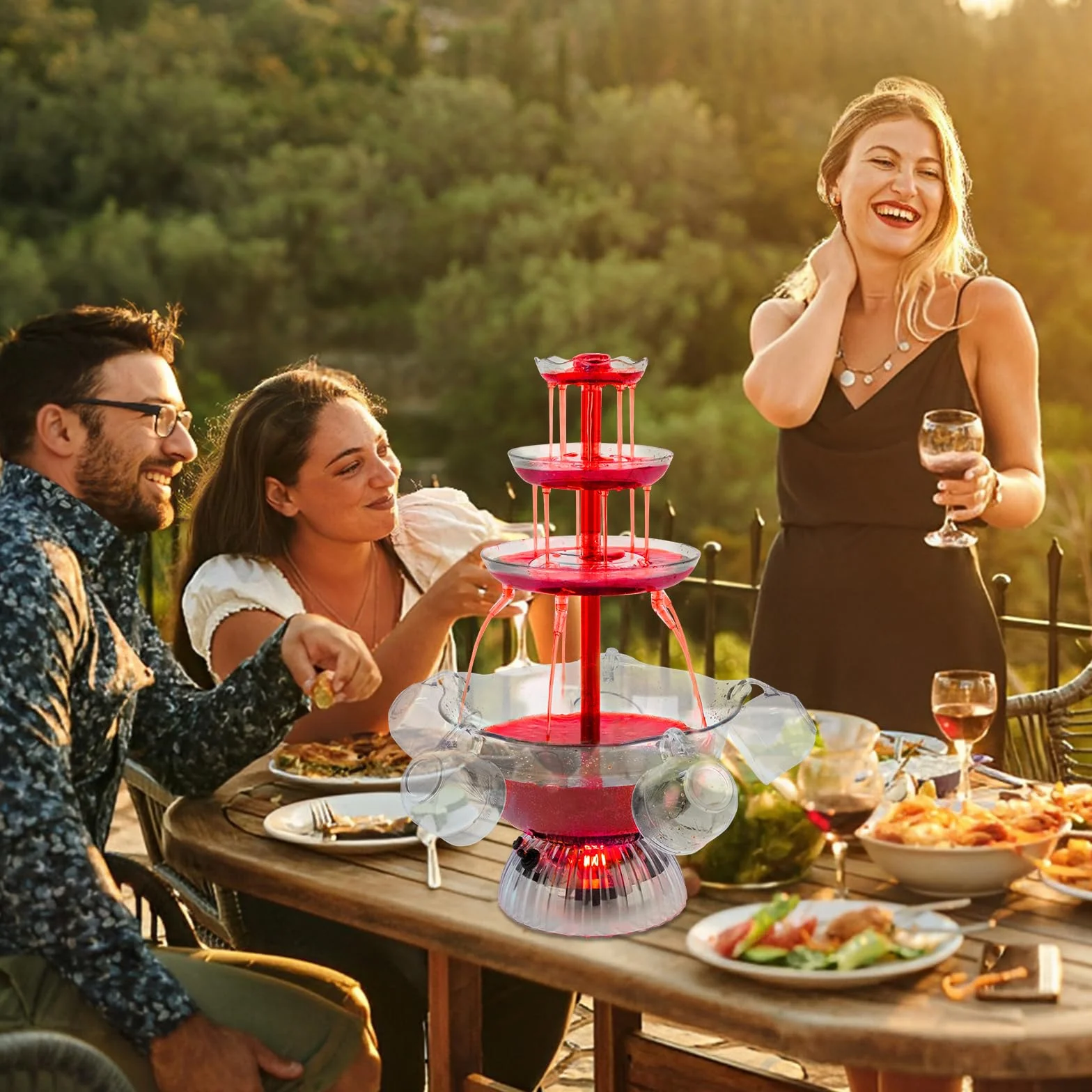 Fontana trasparente a 3 livelli, fontana per feste di vino rosso, con 5 tazze, per vino liquido, base illuminata a LED, posizionamento stabile, per giochi da bere, bar, feste di compleanno