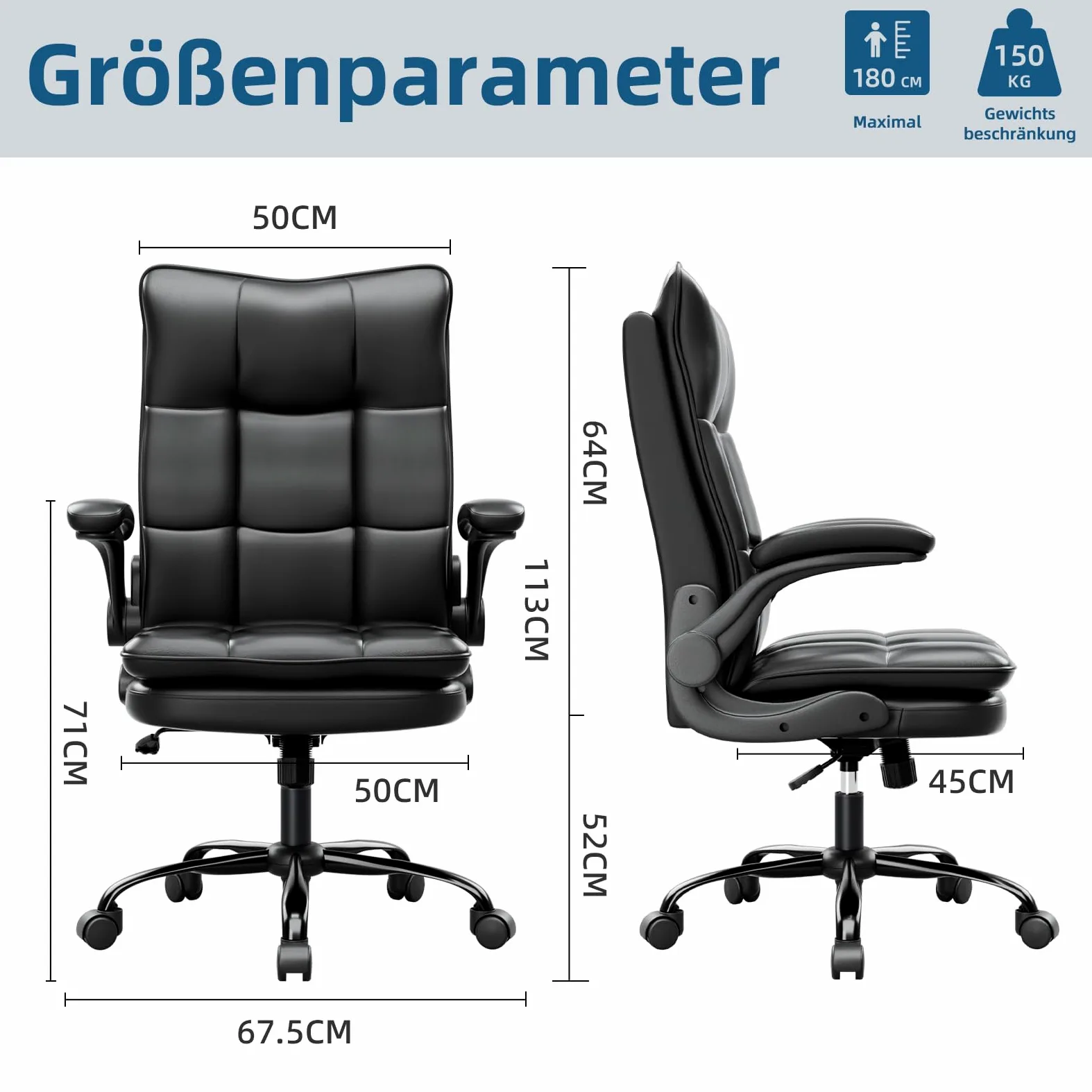 BAYGE Sedia Ufficio, Sedia Ergonomica per Computer con Braccioli Ripiegabili, Poltrona Direzionale con Sedile Largo, Altezza Regolabile, Comoda per Ufficio, Casa e Giochi, Portata fino a 150 kg, Nero