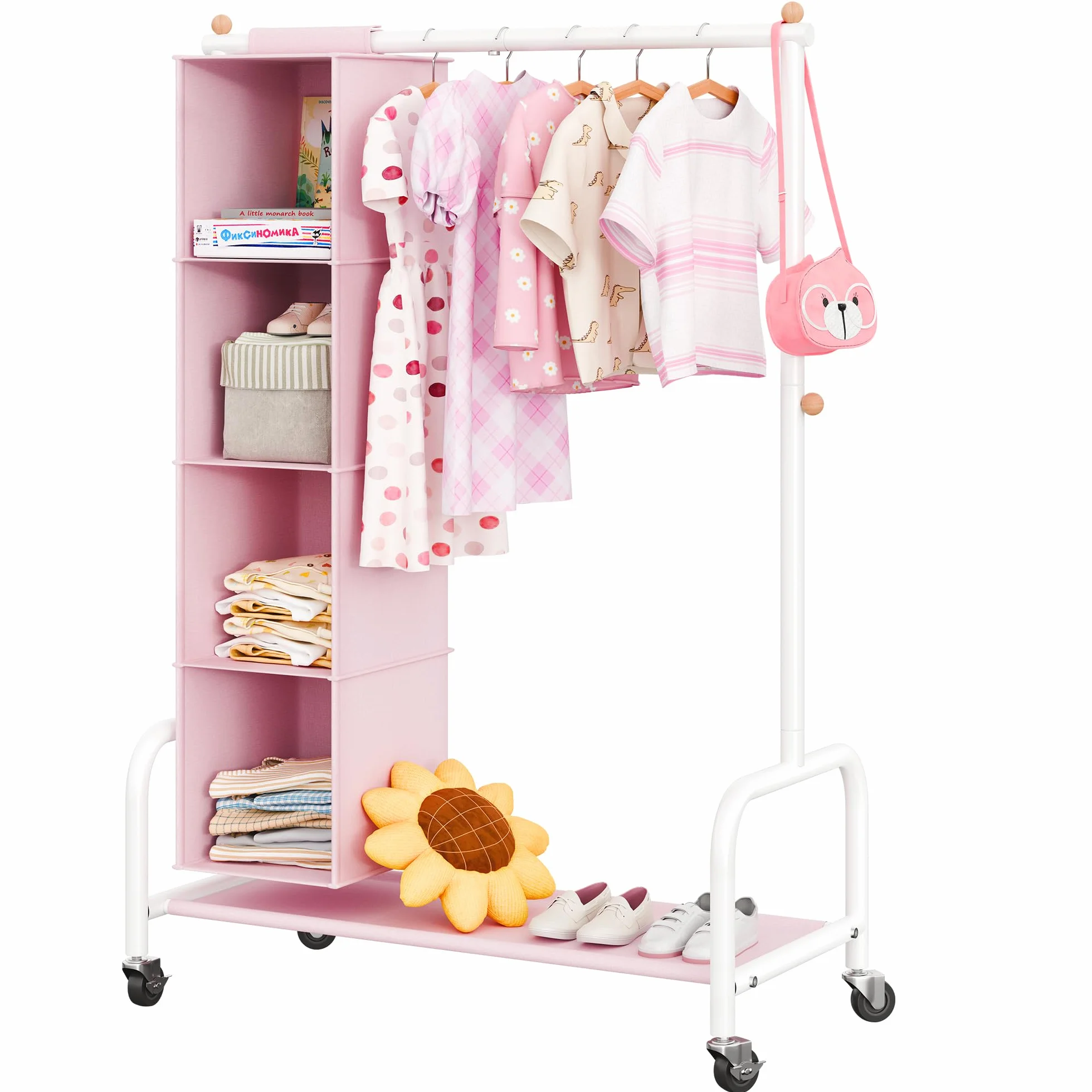 GRANNY SAYS Appendiabiti per Bambini con Organizer a Sospensione, Appendiabiti con Ruote per Travestimenti, Appendiabiti per Bambini, Appendiabiti per la Cameretta dei più Piccoli, Rosa/Bianco