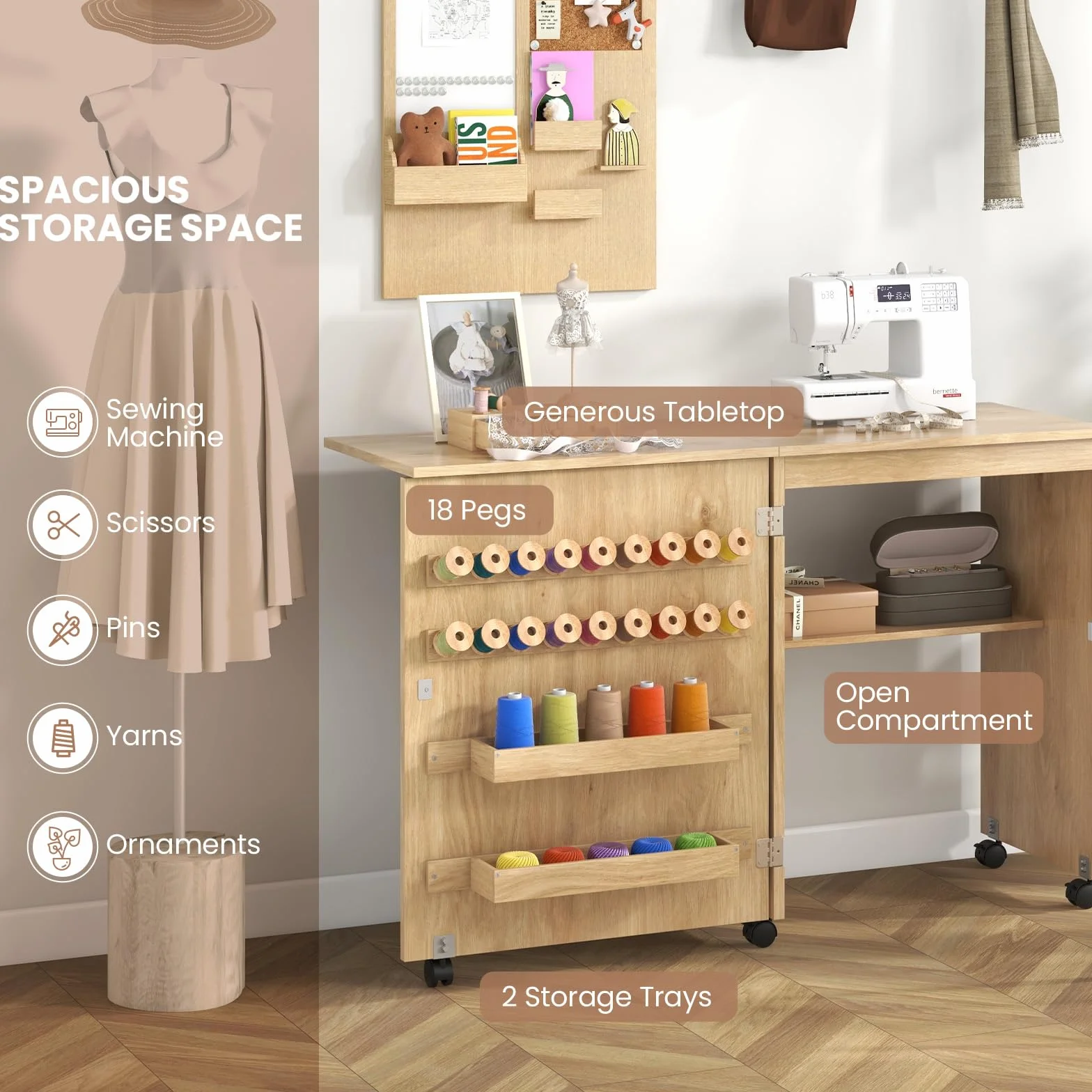 LIFEZEAL Mobile per Macchina da Cucire, Tavolo Macchina da Cucire, Armadietto Cucito, Salvaspazio, Moderno, 5 Ruote, 2 Mensole, 18 Ganci per Filo, 1 Ripiano, Pieghevole, 116x40x76cm, Legno, Naturale