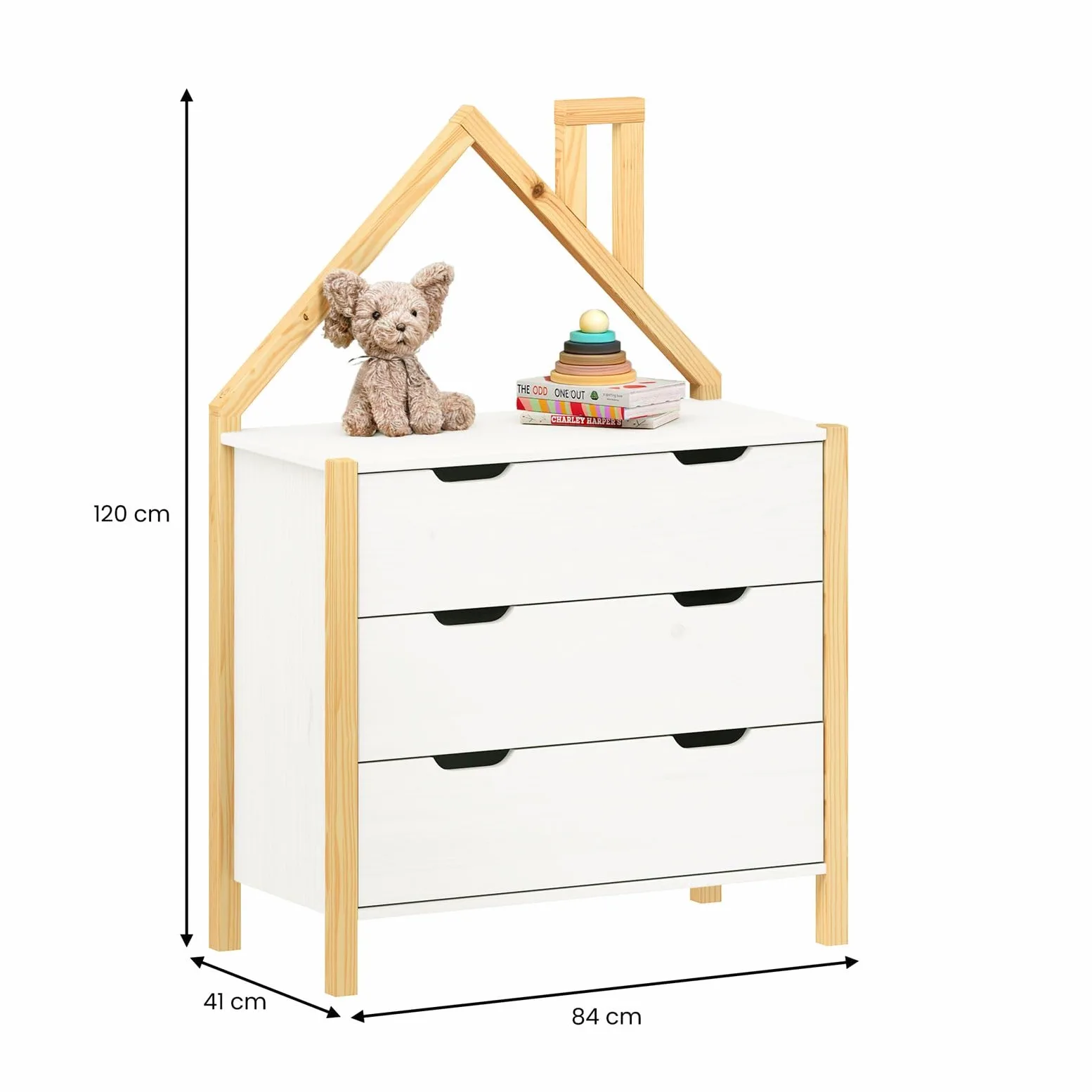 IDIMEX Cassettiera ELANO a forma di casa – bianco in legno di pino massiccio, 3 cassetti grandi, per cameretta dei bambini, armadio, cassettiera