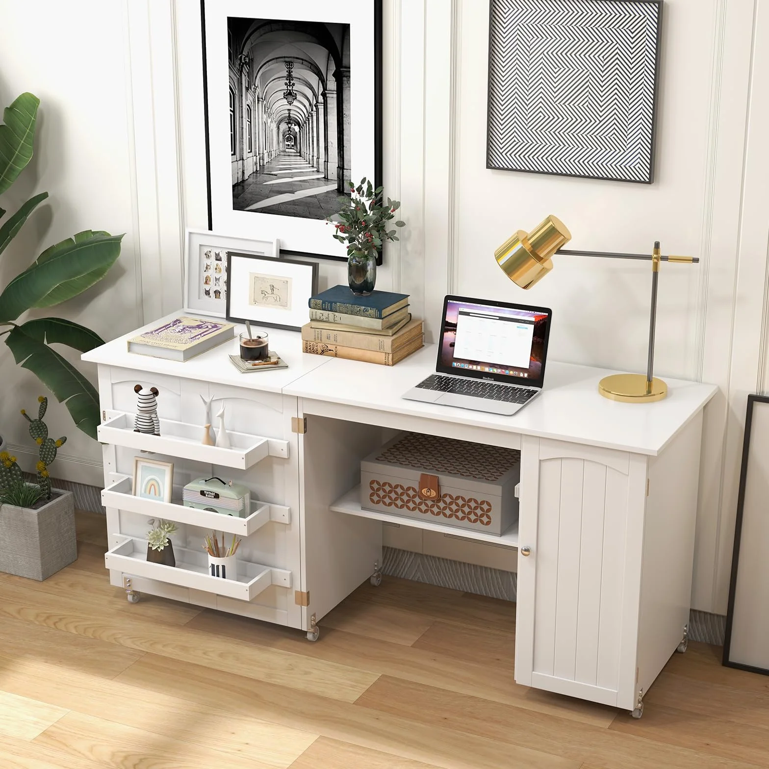 GIANTEX 2 in 1 Mobiletto Cucito Tavolo Cucire Pieghevole con Ruote Armadio Legno Salotto Ufficio 55kg 158,5x50x74cm Bianco
