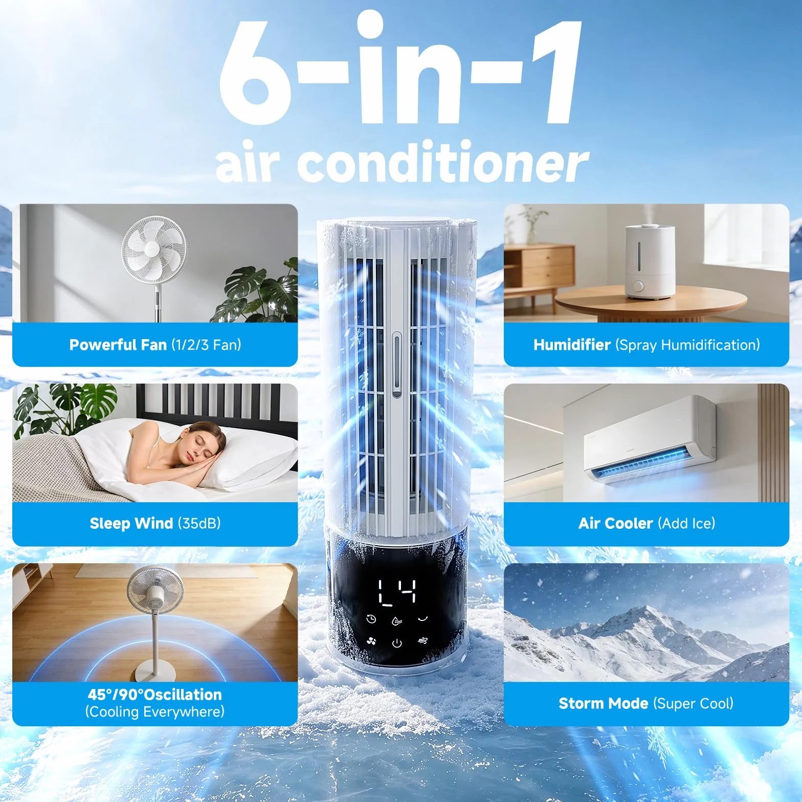 Condizionatore d'aria portatile, 3 velocità, modalità tempesta, oscillazione 45/90°, timer 8 ore, 1 cartucce di refrigerante, serbatoio rimovibile, ideale per casa, ufficio e camper (bianco)