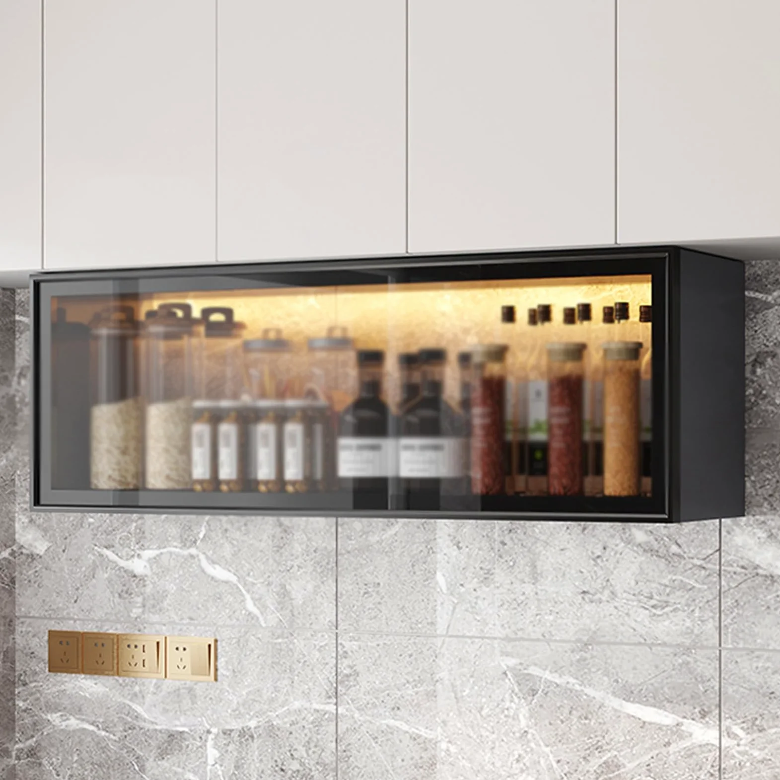 Vetrina da parete per cucina e sala da pranzo, grigio/bianco, dispensa Sto con ante senza trapano, installat moderna da appendere (nero, 80 x 32 x 19 cm)